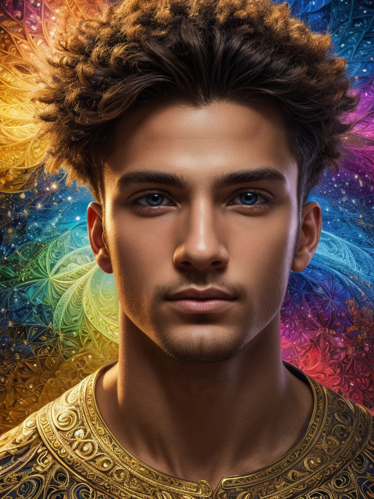 A masterpiece boy with extreme detailed features in a fractal art style, showcasing the highest level of quality and aesthetics. The artwork should be filled with vibrant and colorful visuals, reflecting the intricate details of the fractal patterns. The boy's appearance should be captivating, with attention given to every aspect of his face, such as his eyes, nose, and lips, ensuring they are beautifully detailed. The artist should strive for excellence, creating a visually stunning and breathtaking artwork. The overall style should be official and polished, resembling professional artwork. The image should have a realistic touch, with sharp focus and vivid colors that pop. The lighting should be carefully designed to highlight the boy's features and bring the artwork to life.