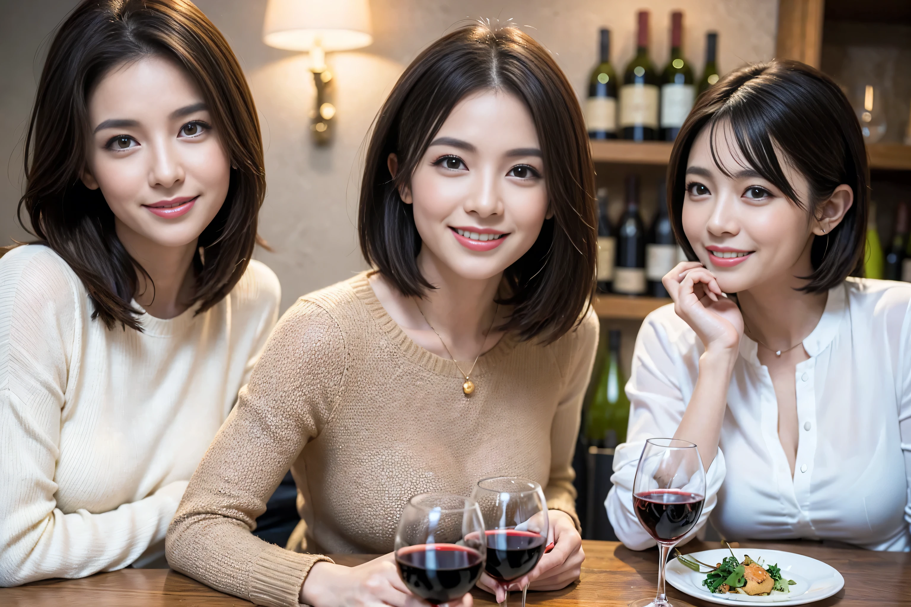 （Realistic:1.1）,(masterpiece,Highest quality)，8k,(49 years old), 50 years old, slimカップル、Tight waist,Upper Body,full-course dinner、wine 、Amazing view of the sunset sky and clouds、Perfect Anatomy, Brown Hair, short hair,Random Hairstyles,((Highly detailed face and eyes:1.2))，Perfect golden ratio face，Long sleeve shirt、dress,(smile:1.2)、Shortcuts、cute、(Realistic, Intricate details:1.2), A bright smile、short hair,Bright Face、赤wine 、Appetizers、Italian food、wine bottle、Champagne、スパークリングwine、(slimな顔), (The body is slim), (Brown Hair), (Shortcuts),  Upper Body, 白wine, slim, wineグラス, 