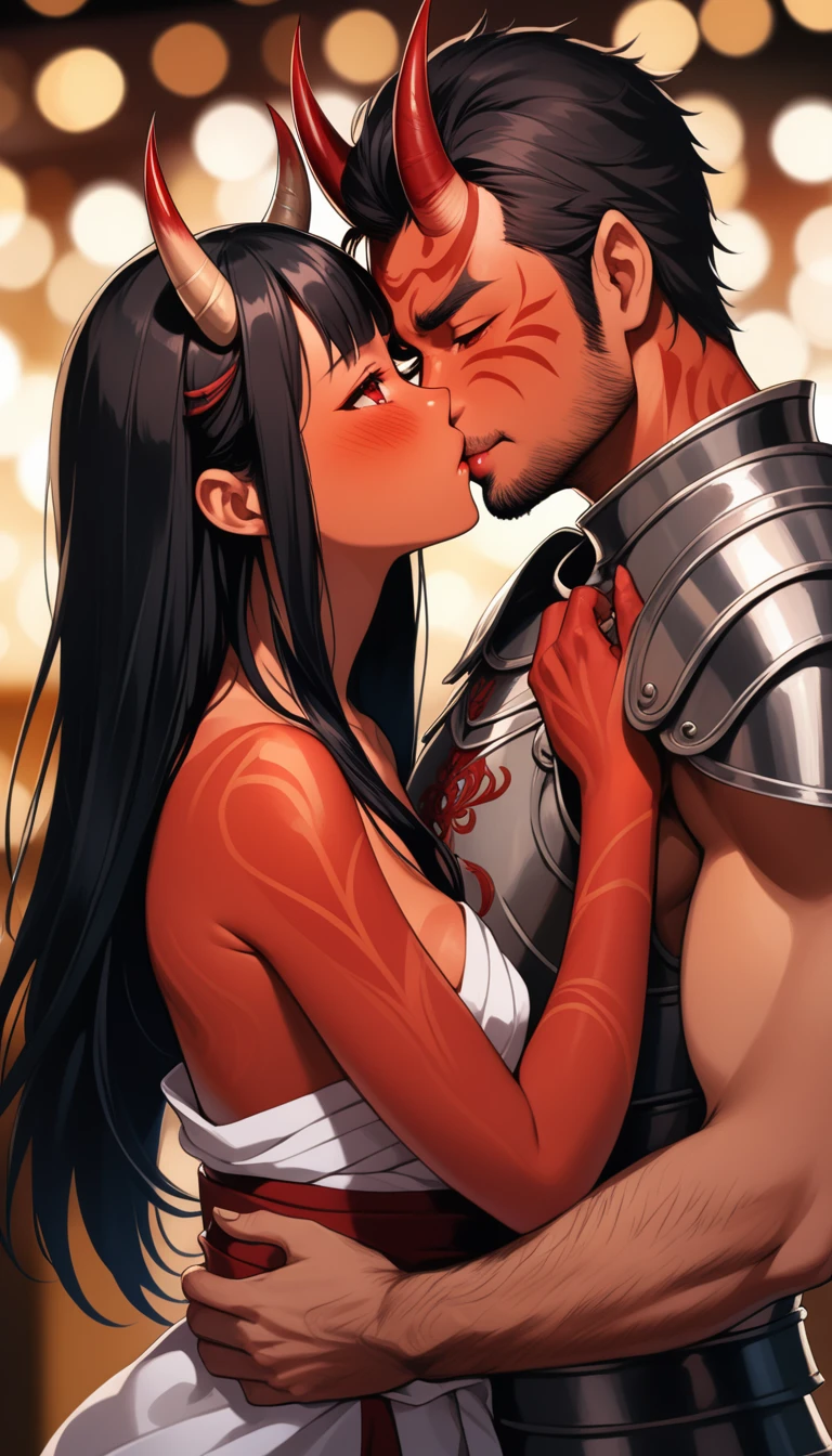 8K, RAW, best quality, masterpiece, ultra high res, colorful, portrait, (medium wide shot), (dynamic perspective), sharp focus , (depth of field, bokeh:1.3), extremely detailed eyes and face, beautiful detailed eyes,
couple, hugs, kiss, kissing, passion, love, moment,
(1girl, Japanese, Oni, horns, red skin, tail, long black hair, red eyes, breasts bandage, medium breasts:1.5),
(1man, Human, human Knight, plate armor, muscular, stubble, short black hair, brown eyes:1.5),
forest background, dark forest, night time