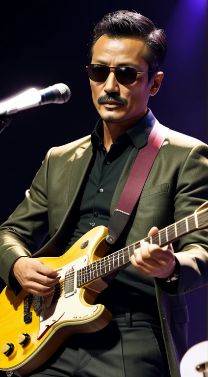 50 years old，Hidetoshi Nakata ，（Kogoro Mouri 1.3), man playing guitar, olive jacket, rayban Ray-Ban glasses, tong, mustache, little beard, short hair, perform in stage, exclude microphone, super details, wallpaper picture quality, masterpiece, 4k hd, 8k hd, 16k hd