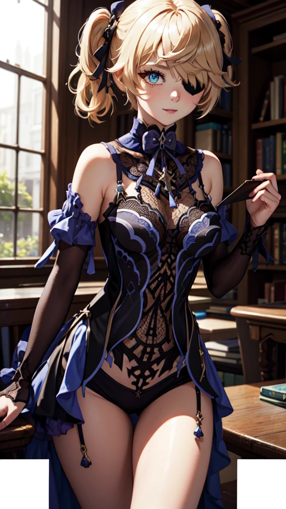 Young blonde girl in a library, black eye patch, twin small ponytails,
BREAK (masterpiece:1.2), best quality, high resolution, unity 8k wallpaper, (illustration:0.8), (beautiful detailed eyes:1.6), extremely detailed face, perfect lighting, extremely detailed CG, (perfect hands, perfect anatomy), joyful, laughing, Happy, corset with deep lace neckline