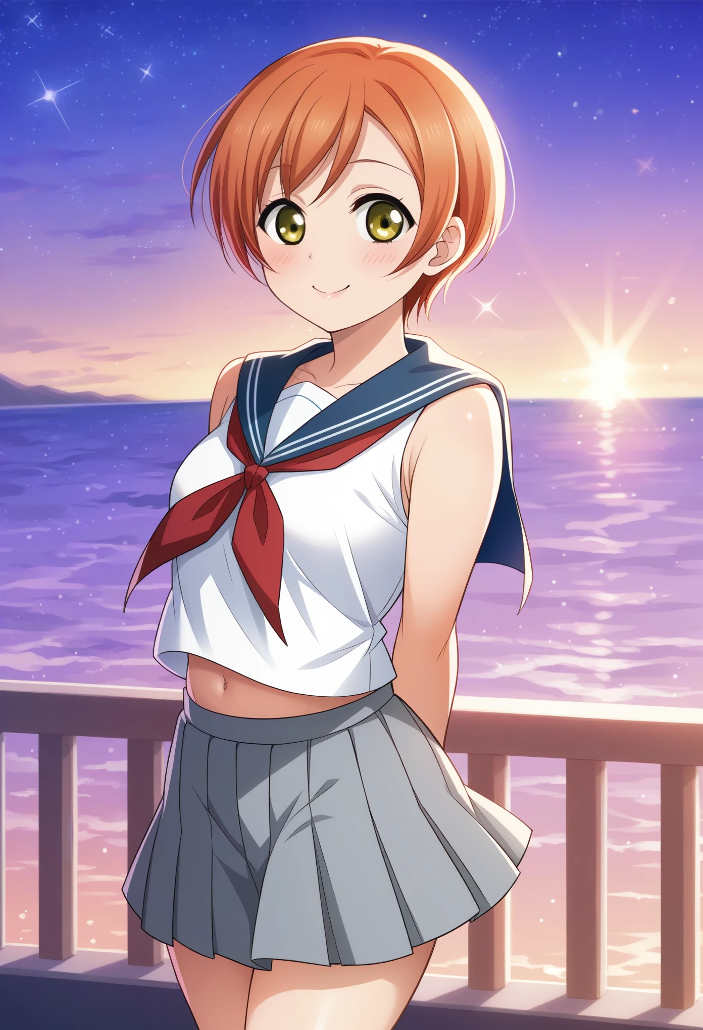 Masterpiece,best quality, anime cg, realistic lighting,Solo,cowboy shot,rin Hoshizora, blush, love scene, skirt, sleeveless, pleated skirt,low waisted skirt,standing, serafuku, grey skirt, uranohoshi ,navel,thicc thighs ,sea in background, night ,stars, arms behind back, floating skirt , lovely smile,Sailboat