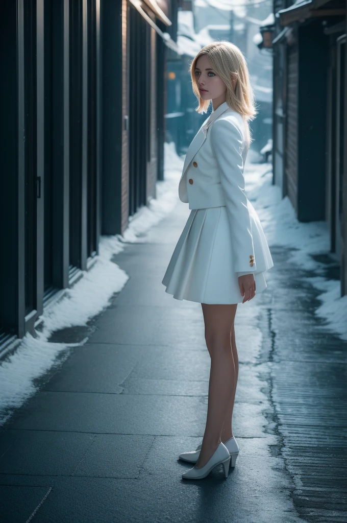 ((Masterpiece:1.2, Best quality)),Movie,offcial art,promotional art,movie wallpapers,（A blonde girl is in ）, （White suit dress，Double-breasted style，Pleated skirt hem）,Uniform cover， Exposing thighs,185cm. Shot in the snow in cinematic style,  The color temperature is cool，Slightly bluish tint, Convey a feeling of indifference and tension. The lighting is dramatic，There are harsh shadows and highlights, . Shot with a Sony A7R IV camera，The aperture is f/2.8, ISO 1600, a shutter speed of 1/200th of a second. UHD dtm HDR 8k.