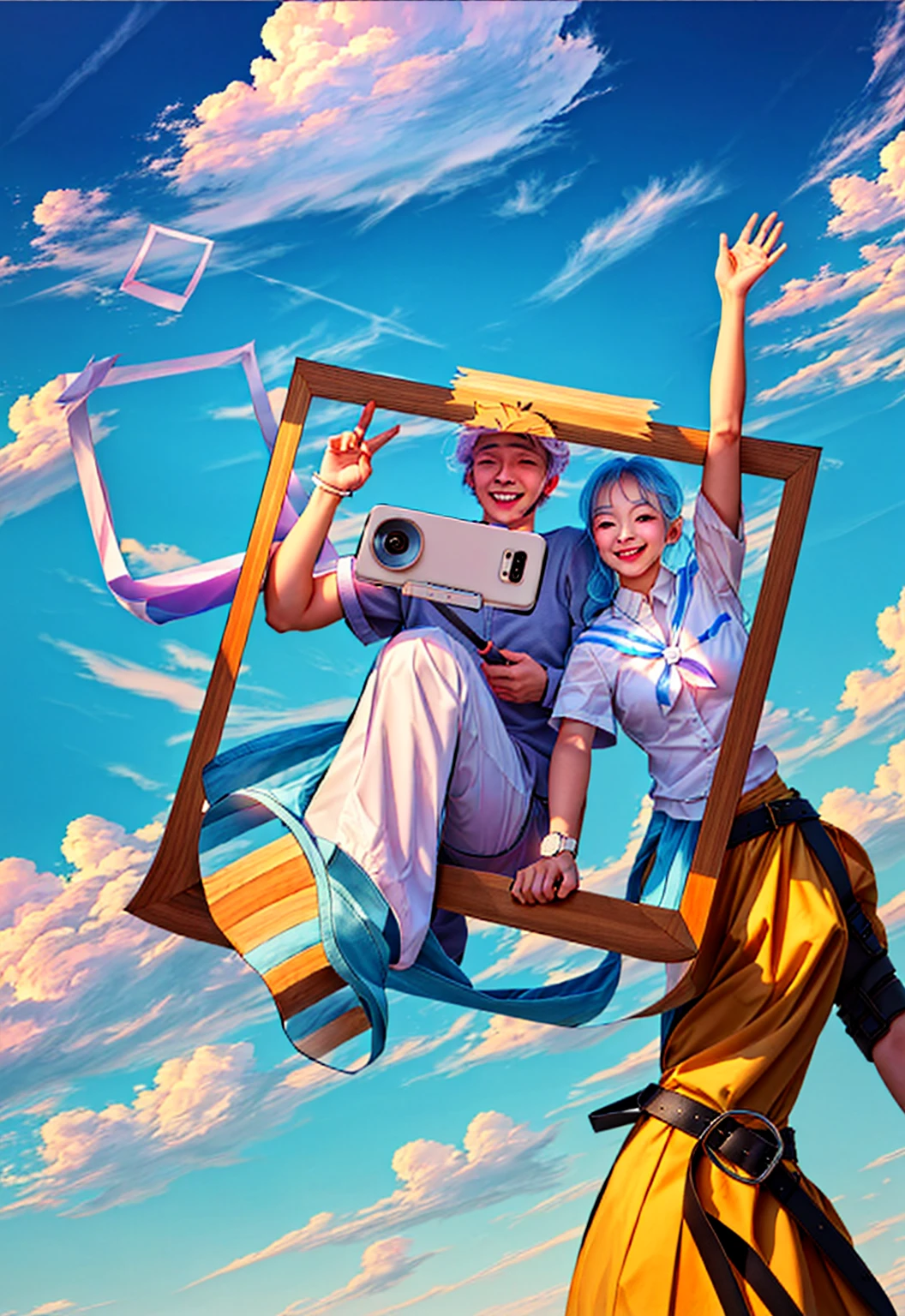 一男一女在photo里, photo,Broken frame design,Paper,Selfie stick,cell phone,posture(Raise a hand + Happy),Real People,Realistic style,Best picture quality,Extreme details,Exquisite facial features,Sky background,Blue sky,White Cloud,Floating state,float
