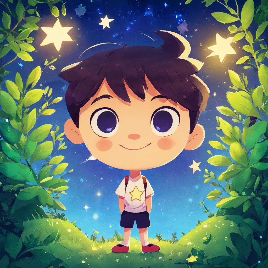 best quality, masterpiece, Ultra-high resolution, Clean facial features, Flat design, Wide-angle lens, Facing the audience, (a boy), Solitary, (A faint smile), Cute white t-shirt, Kawaii, firefly, cure, zhihu, Star, Glow in the Dark