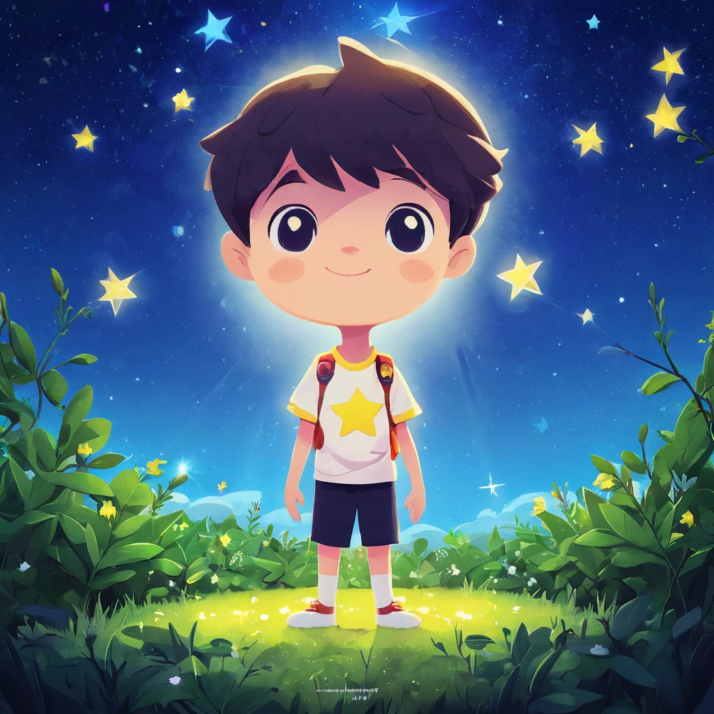 best quality, masterpiece, Ultra-high resolution, Clean facial features, Flat design, Wide-angle lens, Facing the audience, (a boy), Solitary, (A faint smile), Cute white t-shirt, Kawaii, firefly, cure, zhihu, Star, Glow in the Dark