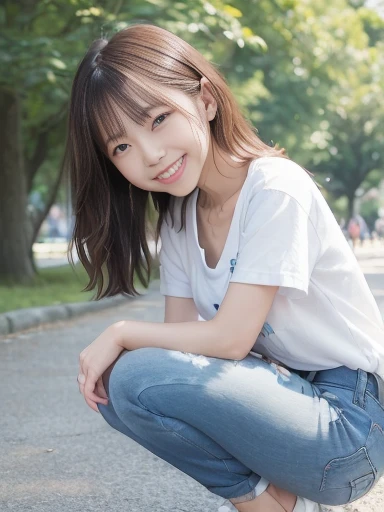 Japanese female, (underweight), (flat chest best quality:1.5), (cheerful grin:1.5),
park, (legs spread), (squatting), curly hair, (white t-shirt), (3/4 length blue jeans), japanese, in the park, with a flower, headshot, from front, low angle shot