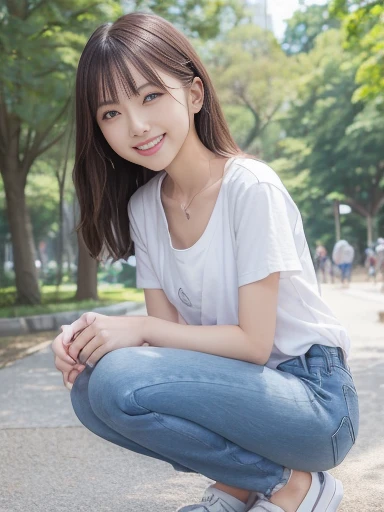 Japanese female, (underweight), (flat chest best quality:1.5), (cheerful grin:1.5),
park, (legs spread), (squatting), curly hair, (white t-shirt), (3/4 length blue jeans), japanese, in the park, with a flower, headshot, from front, low angle shot
