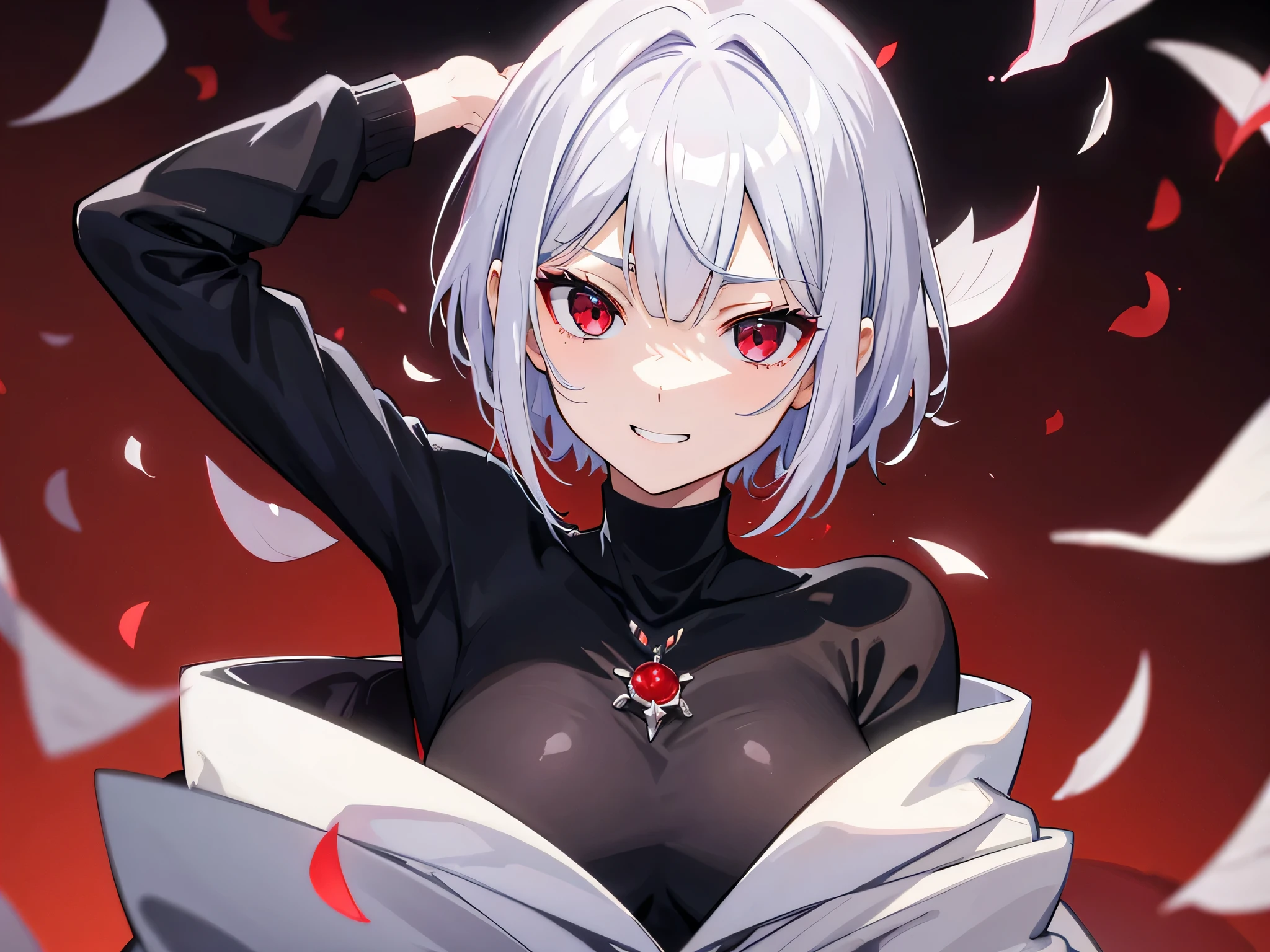 Silver Hair、Red Eyes、put out leaves、looking at the camera、Black turtleneck long sleeves、whole body、Active posing、Short Hair、Spiky Hair、No nape、cool、The whole body is the subject、独奏、Open your mouth、Strike a pose for the camera、whole bodyを映す、Very Short Hair、Grin、Vampire