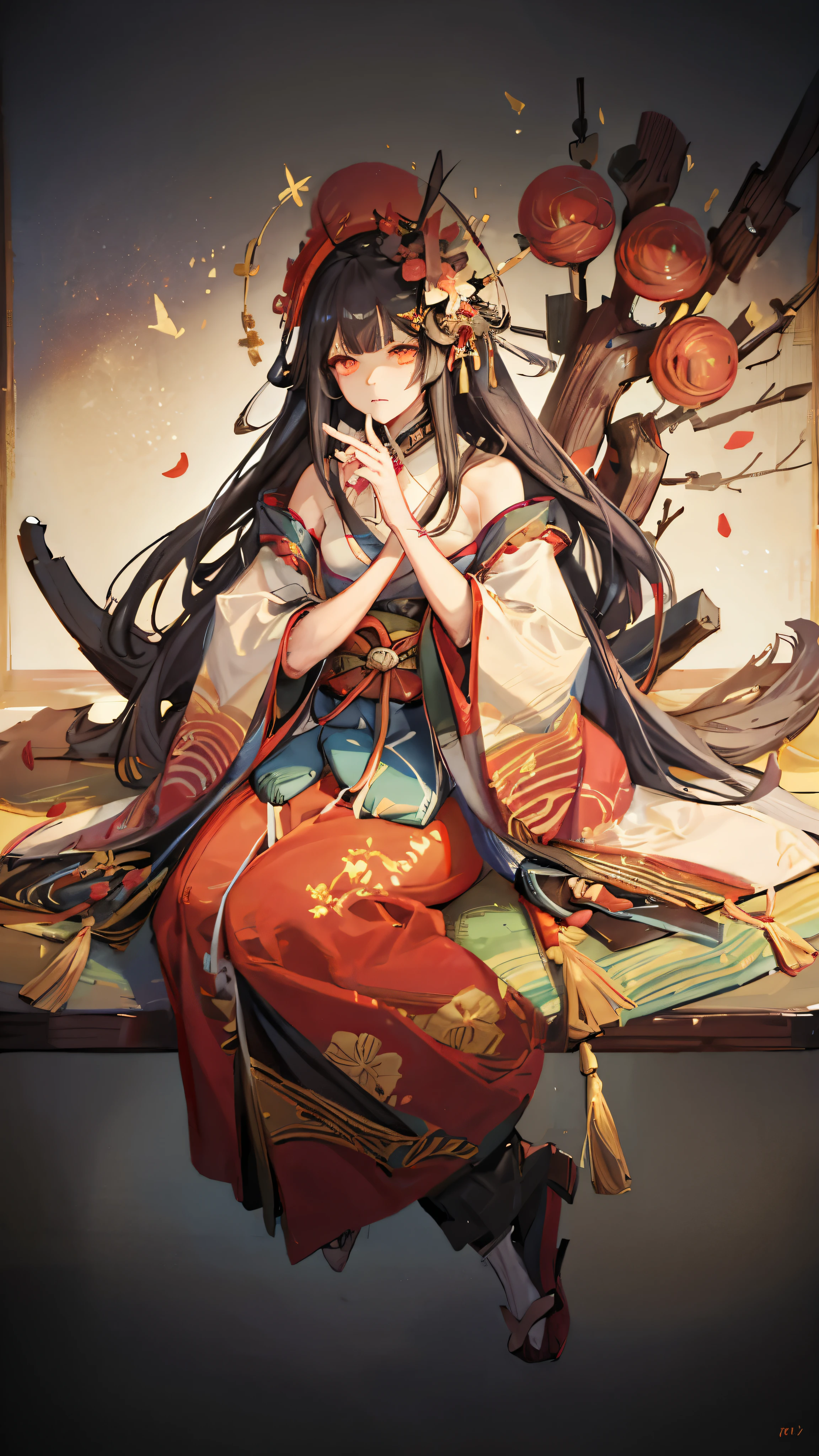 Highest quality, Pixiv, Black Hair, hair ornaments, kimono, hair flower, flower, kimono, mask, One girl, Sitting, Long Hair, with own hands, View your viewers, 6+boy, pray, multiple boy, Flower pattern print, Wide sleeves, fear, Apparition, scared, ugly, chiaroscuro, cinematic lighting, (masterpiece:1.2), UHD, high details, best quality, highres, 8k