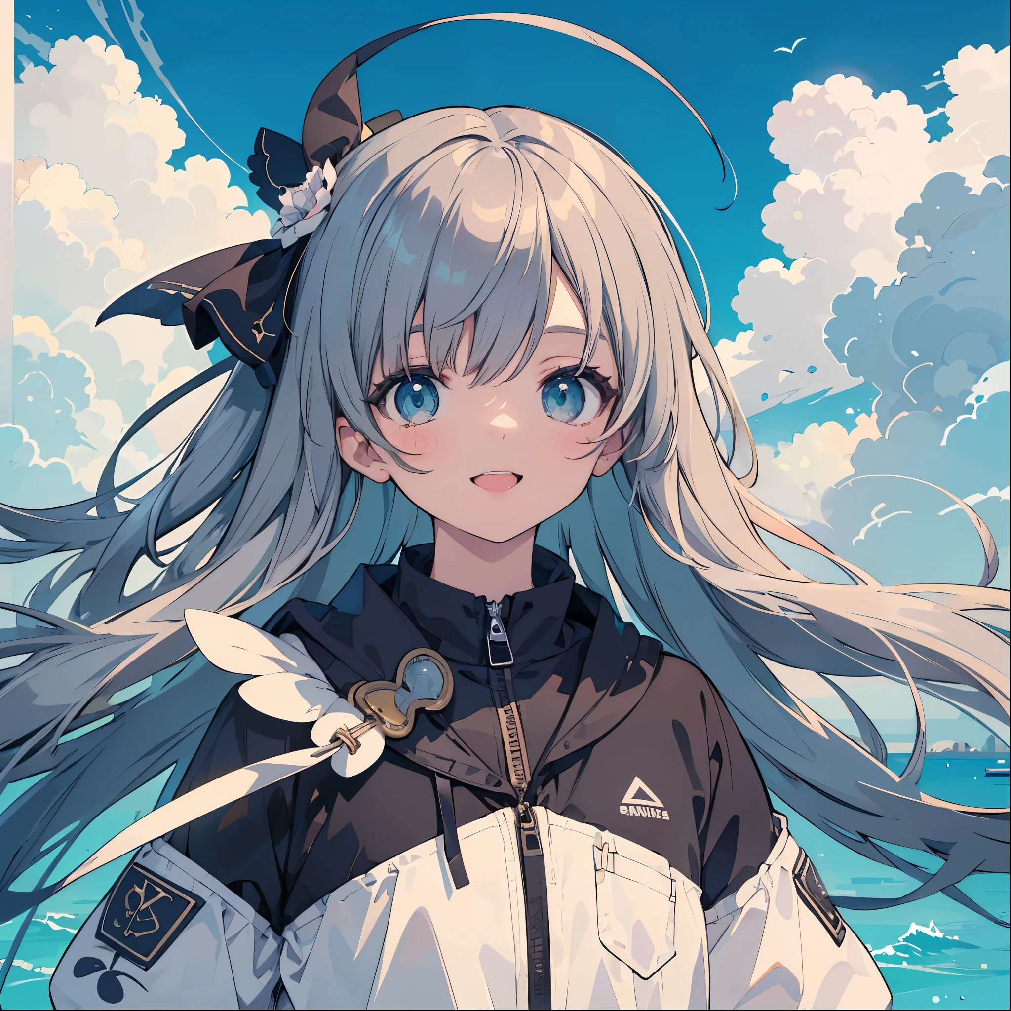 (masterpiece:1.2), (Highest quality:1.2), Ultra-high resolution, Very detailed, Perfect lighting, ((Anime girl floating in the sky)), whole body,smile,Mouth open,Surreal Girl, (ta,boyish , 13 y),The charm of androgyny, (Gray Hair),Fine and beautiful eyes, Well-proportioned iris and pupil, Expressive eyes, Beautiful and detailed lips, High resolution detailed hair, Ski wear,penguin,Gweiz-style artwork, Makoto Shinkai&#39;Art Style, Portrait of Rofi, Digital anime art, Makoto Shinkai style, LOFI Girl, Anime style illustrations, ロフィArt Style, Anime illustration