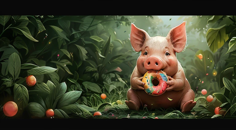 A vibrant and bold scene inspired by Miyazaki’s animated films, featuring a charming anthropomorphic pig happily eating a colorful donut, set against a whimsical background filled with lush greenery and playful elements, flat color style, expressive features, joyful atmosphere, dynamic composition