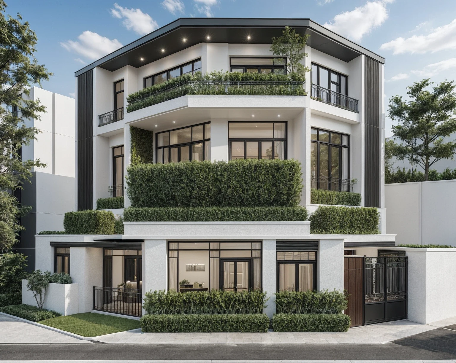 a rendering of a modern building with a balcony and a balcony, exterior design, residential design, concept house, inter dimensional villa, front elevation view, modern lush condo as shopfront, architectural concept, complete house, mid-view, frontview, elevation view, contemporary house, overall architectural design, comprehensive 2 d render, residential, front-view, modern architecture design, realistic material