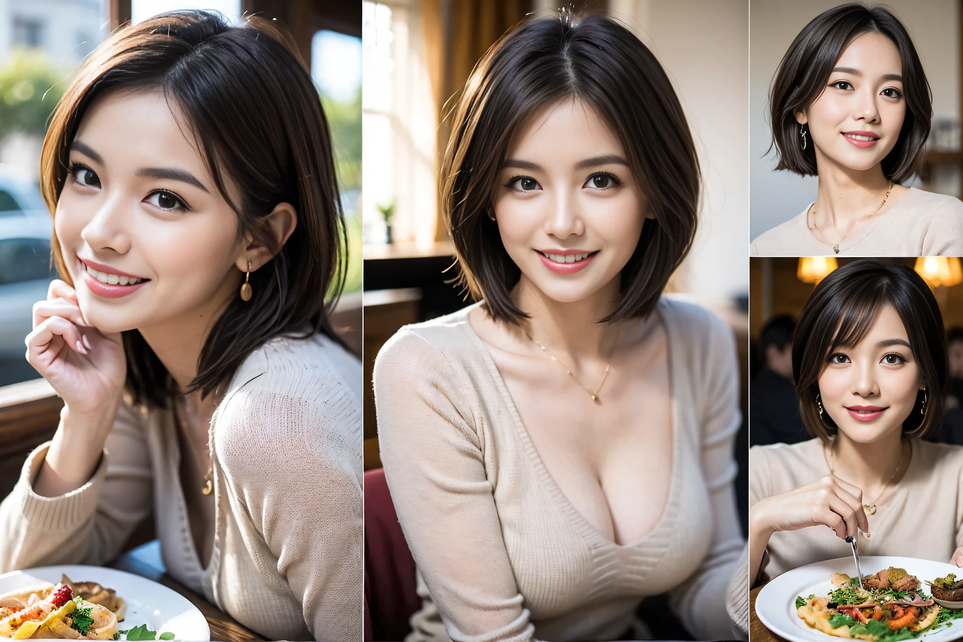 (Realistic:1.1),(masterpiece,Highest quality),8k,(49 years old), 53 years old, slimカップル、Tight waist,Upper Body,full-course dinner、wine 、Amazing view of the sunset sky and clouds、Perfect Anatomy, Brown Hair, short hair,Random Hairstyles,((Highly detailed face and eyes:1.2)),Perfect golden ratio face,Long sleeve shirt、dress,(smile:1.2)、Shortcuts、cute、(Realistic, Intricate details:1.2), A bright smile、short hair,Bright Face、赤wine 、Appetizers、Italian food、wine bottle、Champagne、スパークリングwine、(slimな顔), (The body is slim), (Brown Hair), (Shortcuts), Upper Body, 白wine, slim, wineグラス,