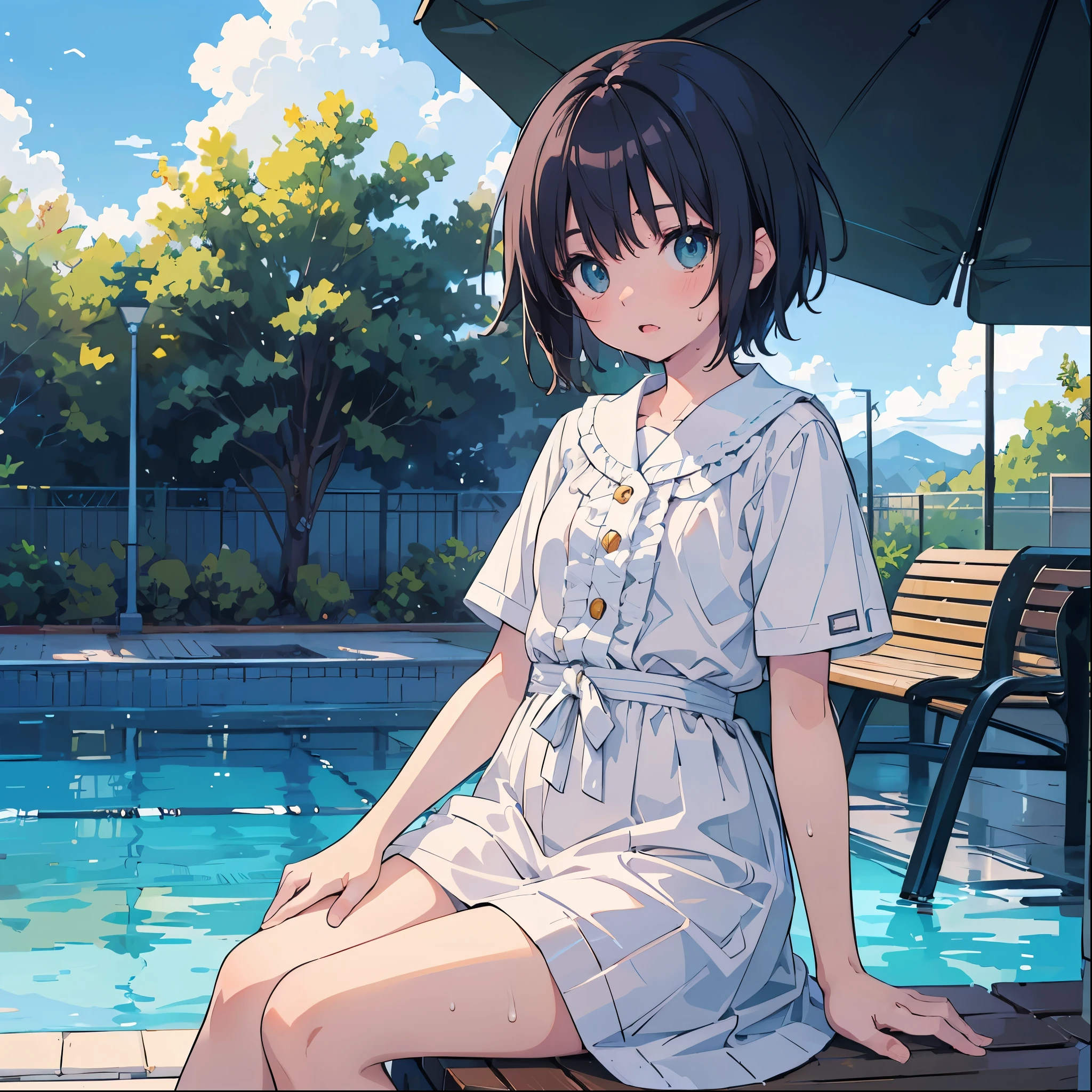 (masterpiece:1.2), (Highest quality:1.2), Ultra-high resolution, Very detailed, Perfect lighting, ((Anime girl sitting on a bench)), Unpleasant,Mouth open,Sweat, Surreal Girl, (ta,boyish , 13 y),The charm of androgyny, (Gray Hair),Fine and beautiful eyes, Well-proportioned iris and pupil, Expressive eyes, Beautiful and detailed lips, High resolution detailed hair, Summer clothes,Parasol, Poolside,Midsummer, Gweiz-style artwork, Makoto Shinkai'Art Style, Portrait of Rofi, Digital anime art, Makoto Shinkai style, LOFI Girl, Anime style illustrations, ロフィArt Style, Anime illustration