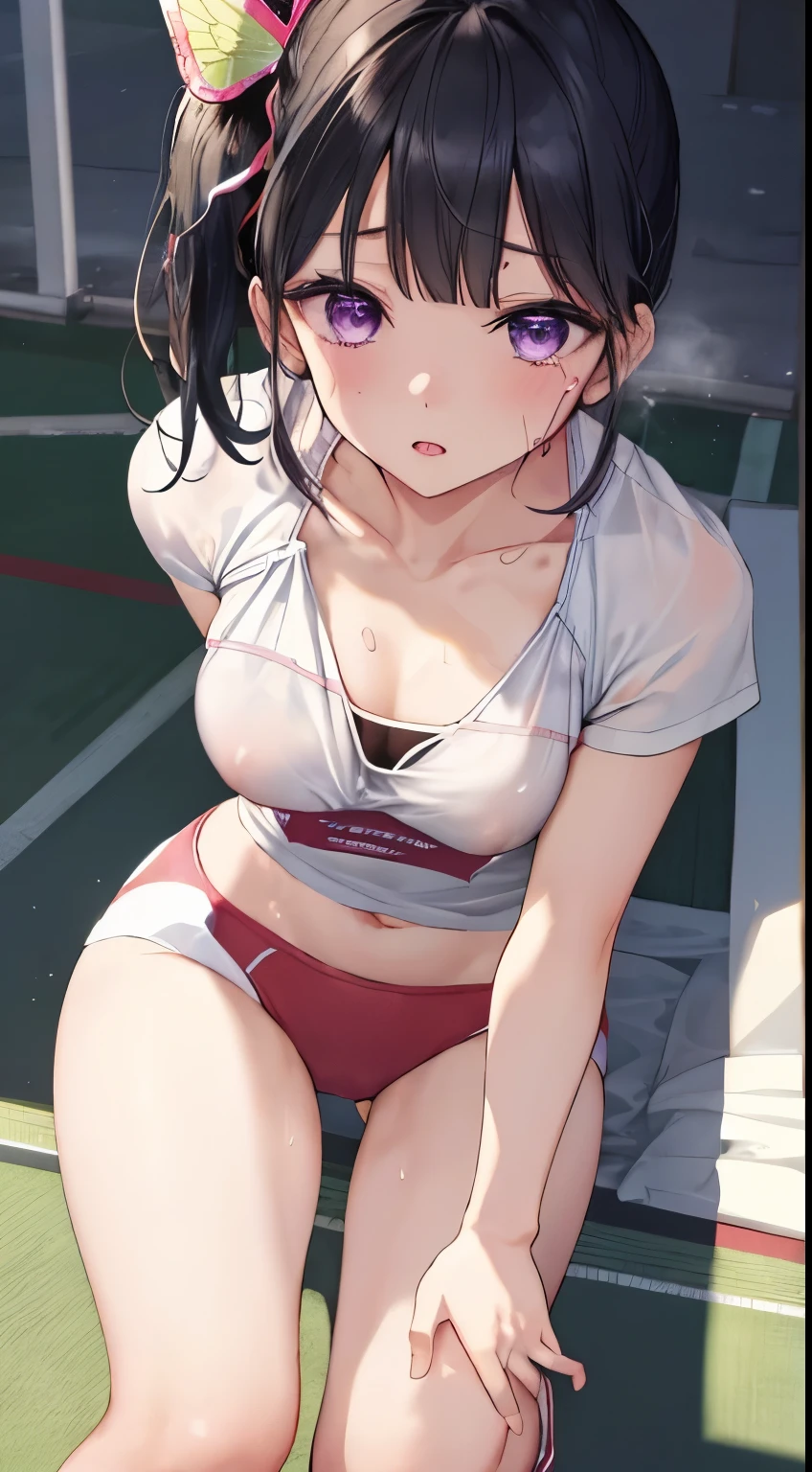 (((nsfw))),Underboob,  Down blouse, Highly detailed eyesと顔，Highly detailed eyes, Ultra-realistic 8K CG，masterpiece，（（Highly detailed background，Delicate pattern，Intricate details, Detailed and beautiful eyes）），The best quality in the best condition，Very very very detailed face，((OlympicStadium)), ((((Top view, Crouch down, Down blouse)))), breast enhancement, (Sweatで濡れている, Nipple Contour), Cleavage, shy, Sweat, Waistline, Athletics, Cute ass, Olympic競技場, Japanese representative player, masterpiece, Highest quality, High resolution,walk short distance, Race, A large number of people, walk short distance, A strong start, 
Kanadev, 1 girl, alone, Purple eyes, Black Hair, Long Hair, blunt bangs, bangs, hair ornaments, bug, butterfly, Side Ponytail, butterfly hair ornaments,
whole body, Stadium,Olympic, Looking at the camera, 1 girl, , software, High resolution,masterpiece,Highest quality, ,1 girl, , Hair Flowers, Cha-cha dance, Athleticsのユニフォーム,