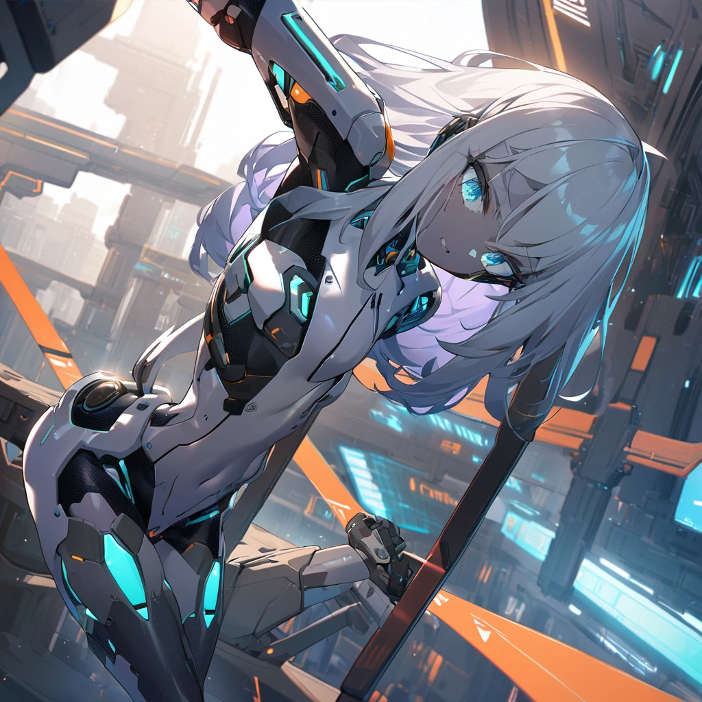 science fiction, android girl(metallic skin, cyber joint), restrained by cross,