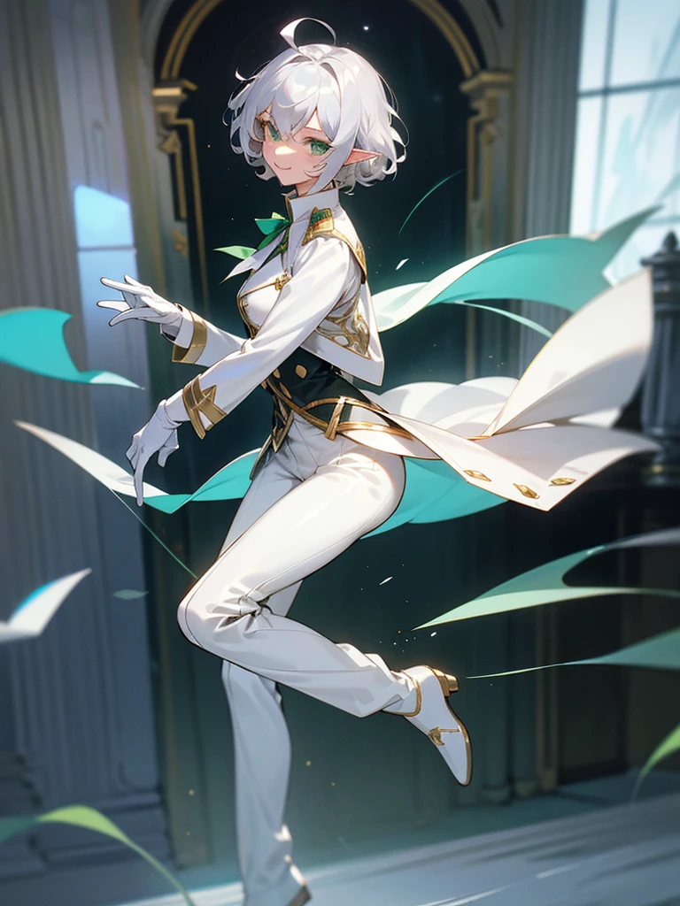 Elf, silver hair,short hair, medium cut, ahoge, curly hair,green eyes,slender, fair skin, cool Smile , White gloves, long boots, pants, tailcoat, Dance party, upper body, looking at viewer, inside, mansion