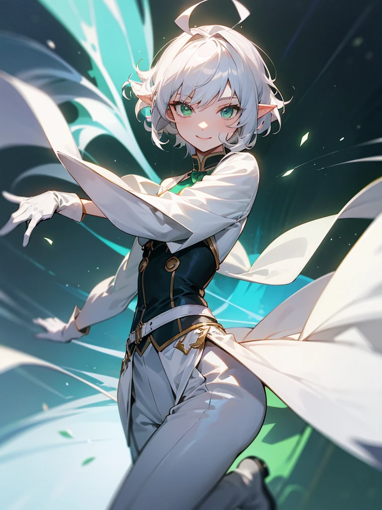 Elf, silver hair,short hair, medium cut, ahoge, curly hair,green eyes,slender, fair skin, cool Smile , White gloves, long boots, pants, tailcoat, Dance party, upper body, looking at viewer, inside, mansion