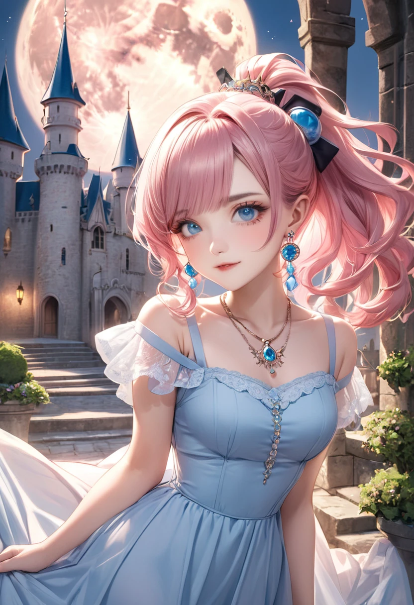 1 female Pink hair ponytail Pink eyebrows Dull light blue eyes society Pastel blue long dress Inside the castle full moon hair ornaments Earrings and matching necklace