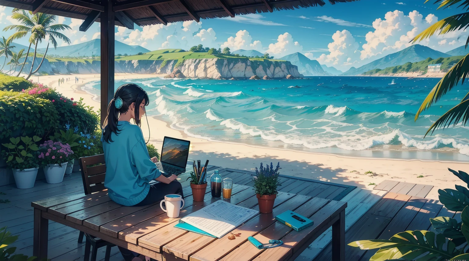 Create a detailed, vibrant illustration of a serene coastal workspace on a sunny day. 1 girl sitting, wear headphone, The scene should include a wooden table with a laptop, notebooks, a cup of coffee, and various stationery items. Surround the table with lush green potted plants. The background should feature a stunning ocean view with clear blue skies, distant mountains, and gentle waves crashing onto the sandy beach. Ensure the atmosphere is calm and inviting, perfect for relaxation or productive work.