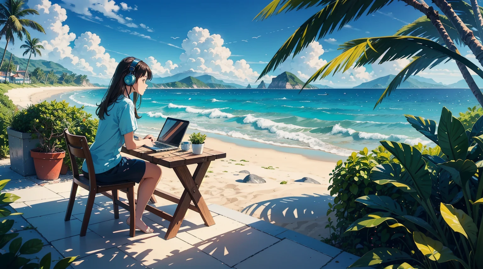 Create a detailed, vibrant illustration of a serene coastal workspace on a sunny day. 1 girl sitting, wear headphone, The scene should include a wooden table with a laptop, notebooks, a cup of coffee, and various stationery items. Surround the table with lush green potted plants. The background should feature a stunning ocean view with clear blue skies, distant mountains, and gentle waves crashing onto the sandy beach. Ensure the atmosphere is calm and inviting, perfect for relaxation or productive work.