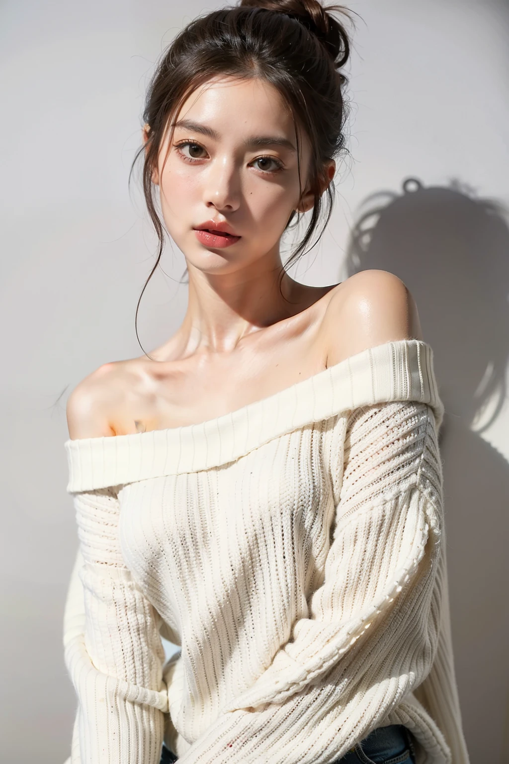 ((best quality)), ((masterpiece)), (detailed), 1 woman, off shoulder sweater,