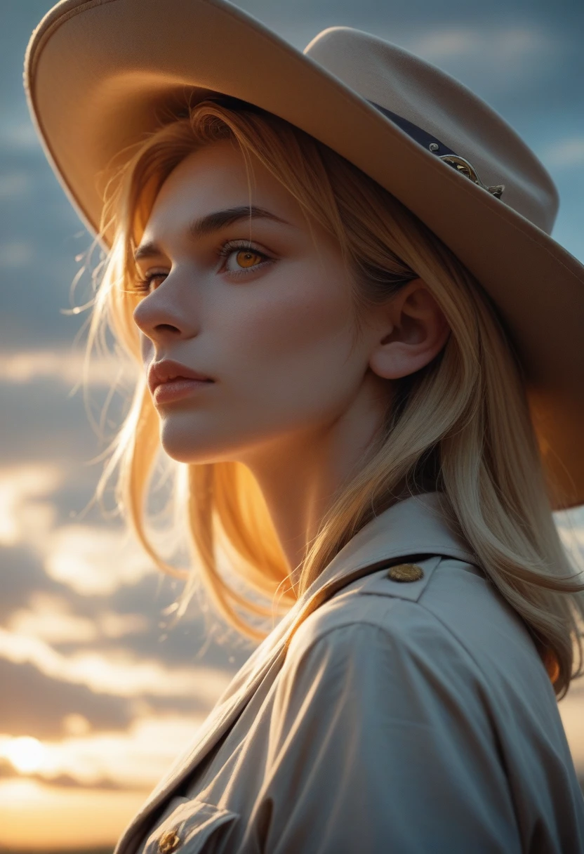 photo a blonde woman in a white cowboy hat is standing in a cloud of smoke, in the style of pop colorism, portraits with soft lighting, woven/perforated, sharp focus, minimal retouching, navy orange and yellows accents
