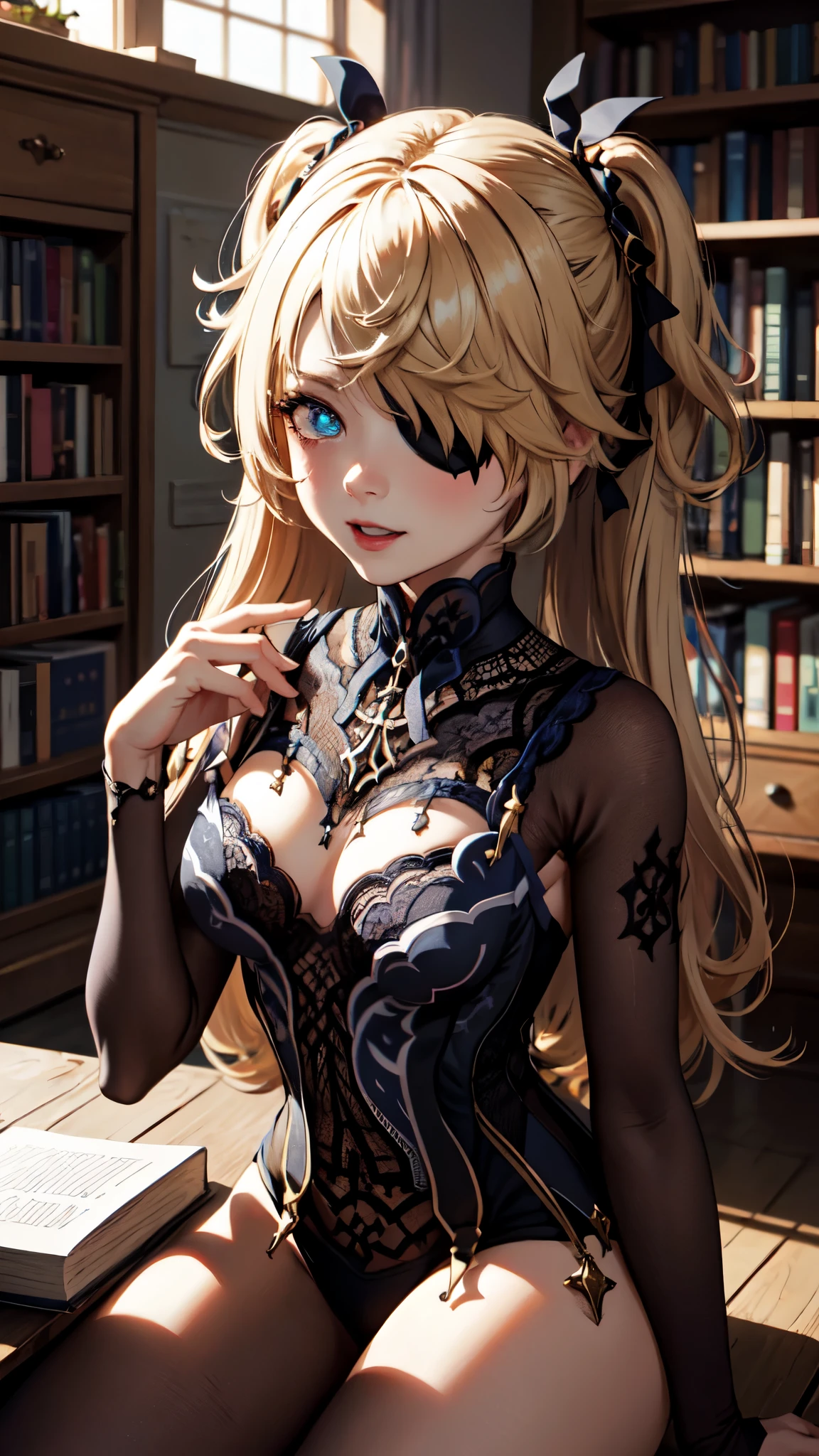 Young blonde girl in a library, black eye patch, twin small ponytails,
BREAK (masterpiece:1.2), best quality, high resolution, unity 8k wallpaper, (illustration:0.8), (beautiful detailed eyes:1.6), extremely detailed face, perfect lighting, extremely detailed CG, (perfect hands, perfect anatomy), joyful, laughing, Happy, corset with deep lace neckline