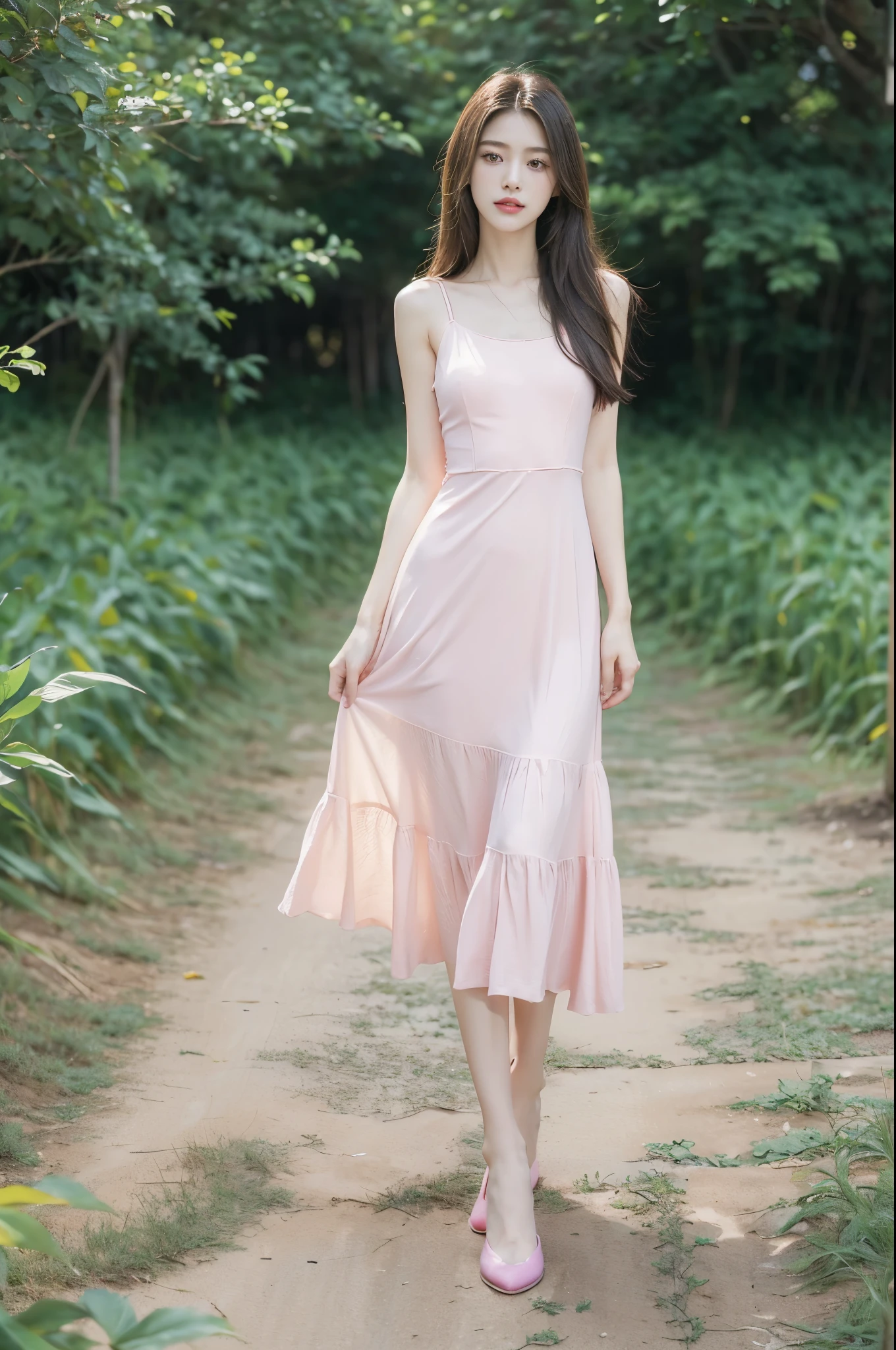 (((best quality))),(((ultra detailed))),(((masterpiece))),illustration,((1 beautiful girl,solo)),((slim,thin)),((small breasts,flat chest)),((summer afternoon)),(standing:1.3),(in cornfield:1.3), (hotpink dress:1.5),(slender legs:1.2),(loafers:1.2),delicate,(medium straight hair:1.2), radiant smile, vibrant atmosphere, elegance, grace,fresh and cool,towering stalks, densely packed, soothing melody, serene and peaceful, hustle and bustle,majesty, harmoniously, essence of summer, tranquility, relaxation, peacefulness of nature,((from front,full body))