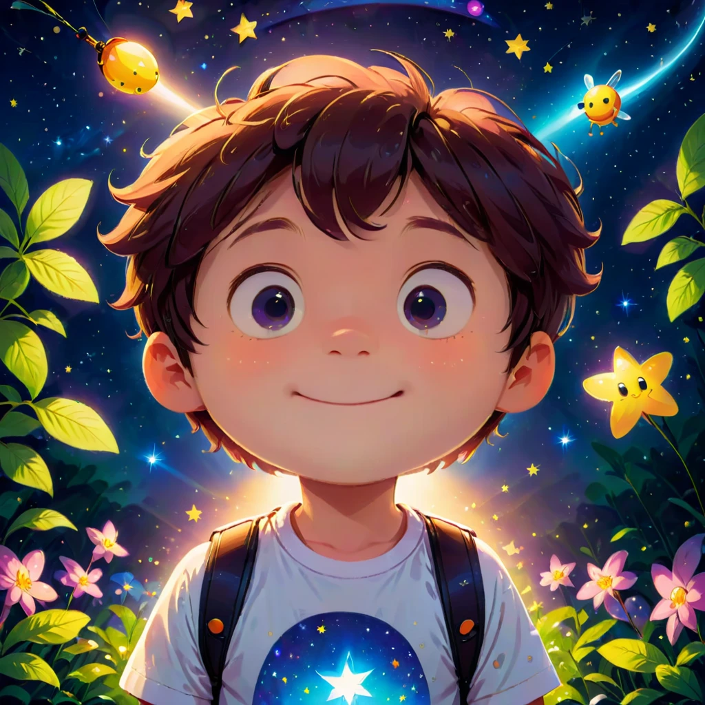 best quality, masterpiece, Ultra-high resolution, Clean facial features, Flat design, Wide-angle lens, Facing the audience, (a boy), Solitary, (A faint smile), Cute white t-shirt, Kawaii, firefly, cure, zhihu, Star, Glow in the Dark