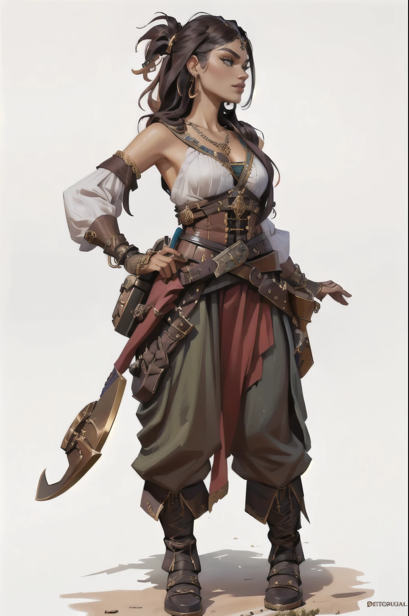 a woman based on Zendaya in a pirate outfit, pirate woman, swashbuckler class pirate, fantasy d&d character, rpg character art, rpg concept art character, epic exquisite character art, detailed facial features, detailed eyes, detailed lips, detailed face, long eyelashes, intricate pirate outfit, jewelry, accessories, dramatic lighting, cinematic framing, vibrant colors, highly detailed, masterpiece, 8k, photorealistic, digital painting, concept art
