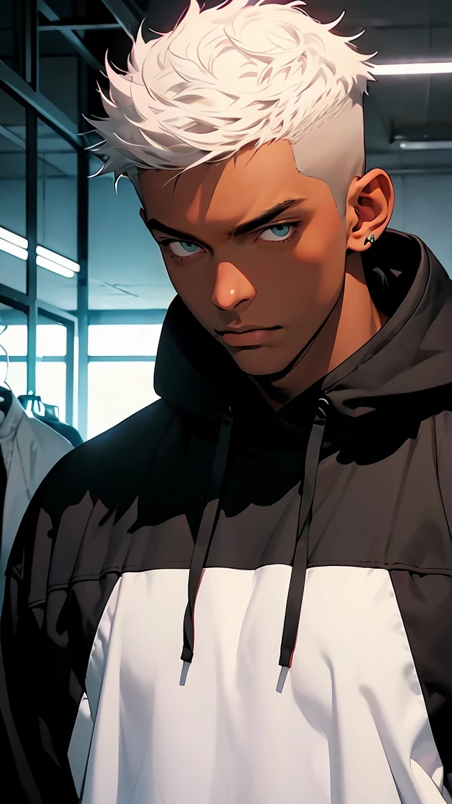highest quality, 8K, high resolution image, anime style Jujutsu Kaisen, detailed strokes, (Dark Skin 1:6, dark skinned), bored look, blurry, purple light reflecting from it, 1 man, male, model, strong man, cool guy, athletic type, well trained, broad shoulders, multicolored background with different geometric shapes, around stickers, muscular, white hair, mint colored eyes, short hair, white spiky hair, puffy chest. Full body illustration as a silhouette, wearing a hoodie hip hop clothing, gangster pose, background: he is standing in a sports locker room
