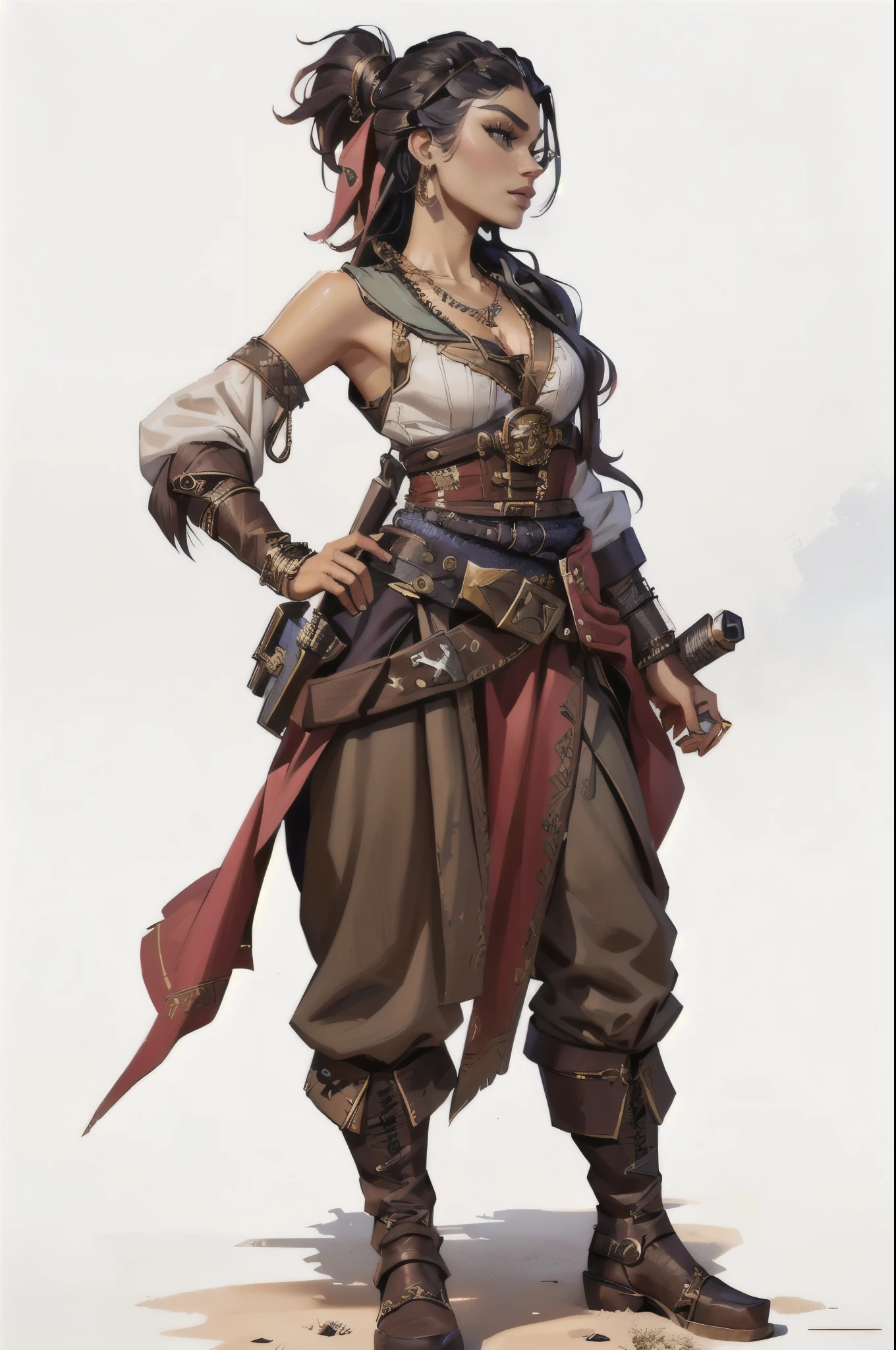a woman based on Zendaya in a pirate outfit, pirate woman, swashbuckler class pirate, fantasy d&d character, rpg character art, rpg concept art character, epic exquisite character art, detailed facial features, detailed eyes, detailed lips, detailed face, long eyelashes, intricate pirate outfit, jewelry, accessories, dramatic lighting, cinematic framing, vibrant colors, highly detailed, masterpiece, 8k, photorealistic, digital painting, concept art