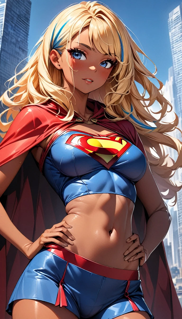 1girl, High Resolution, Breasts, Long Hair, Looking at viewer, supergirl, Masterpiece, High Resolution, Anatomically Correct, Blonde Hair, Twintails, skirt, cybernetic, Very Long Hair, Blue eyes, bending down to pick up an Apple