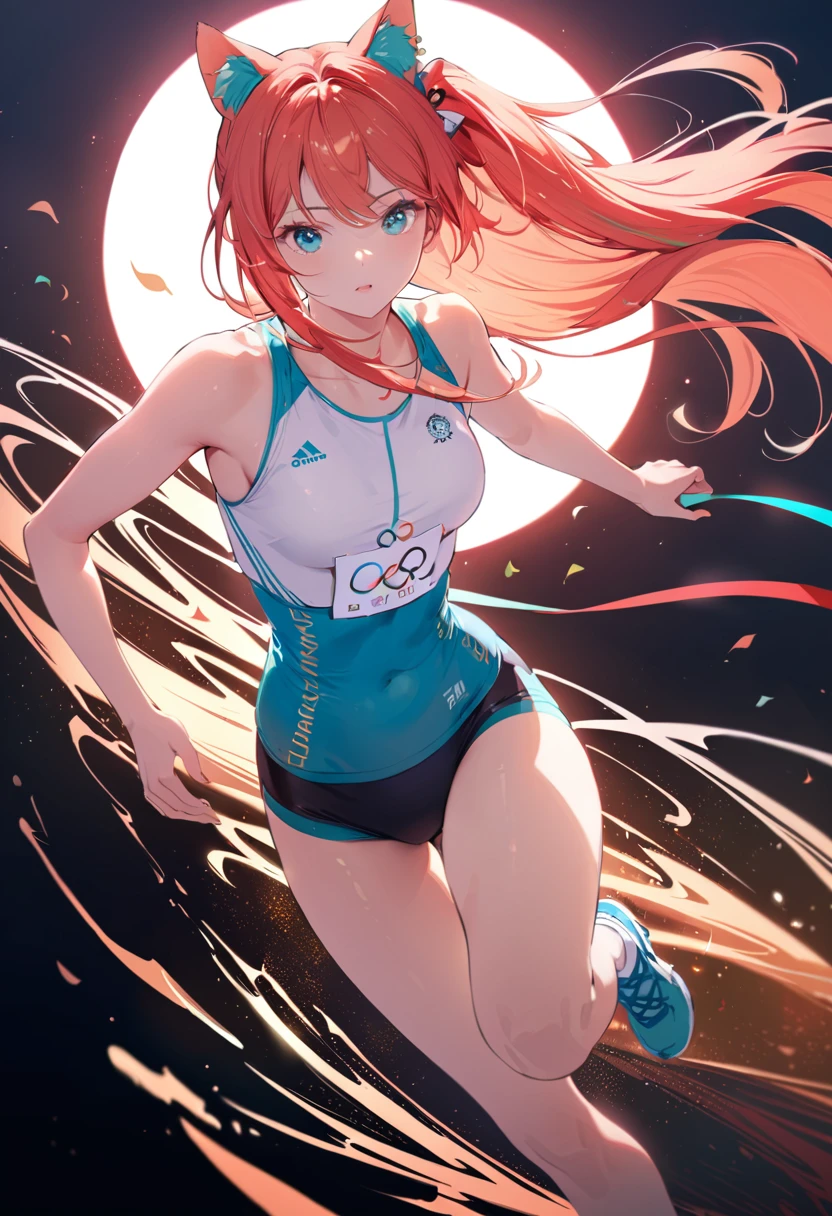 Hatsune Miku,athlete,Olympic Games,Girl running,a beautiful girl with long flowing hair, a triumphant expression, long lashes, large round eyes, animal ear headpiece, high quality, 8K, realistic, photorealistic, detailed, masterpiece, cinematic lighting, dynamic composition, vivid colors, glowing skin, warm color palette
