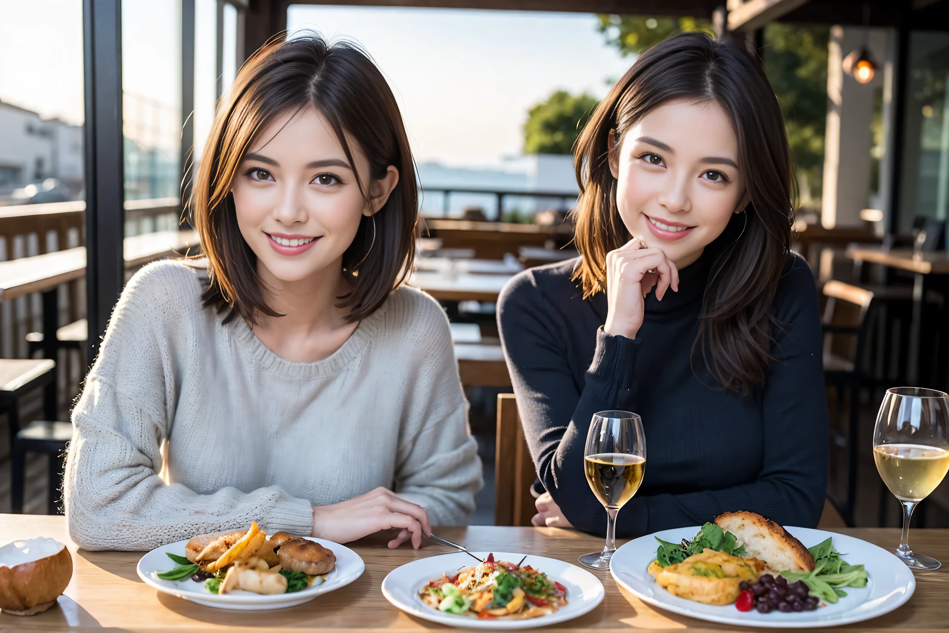 (Realistic:1.1),(masterpiece,Highest quality),8k,(49 years old), 50 years old, slimカップル、Tight waist,Upper Body,full-course dinner、wine 、Amazing view of the sunset sky and clouds、Perfect Anatomy, Brown Hair, short hair,Random Hairstyles,((Highly detailed face and eyes:1.2)),Perfect golden ratio face,Long sleeve shirt、dress,(smile:1.2)、Shortcuts、cute、(Realistic, Intricate details:1.2), A bright smile、short hair,Bright Face、赤wine 、Appetizers、Italian food、wine bottle、Champagne、スパークリングwine、(slimな顔), (The body is slim), (Brown Hair), (Shortcuts), Upper Body, 白wine, slim, wineグラス,