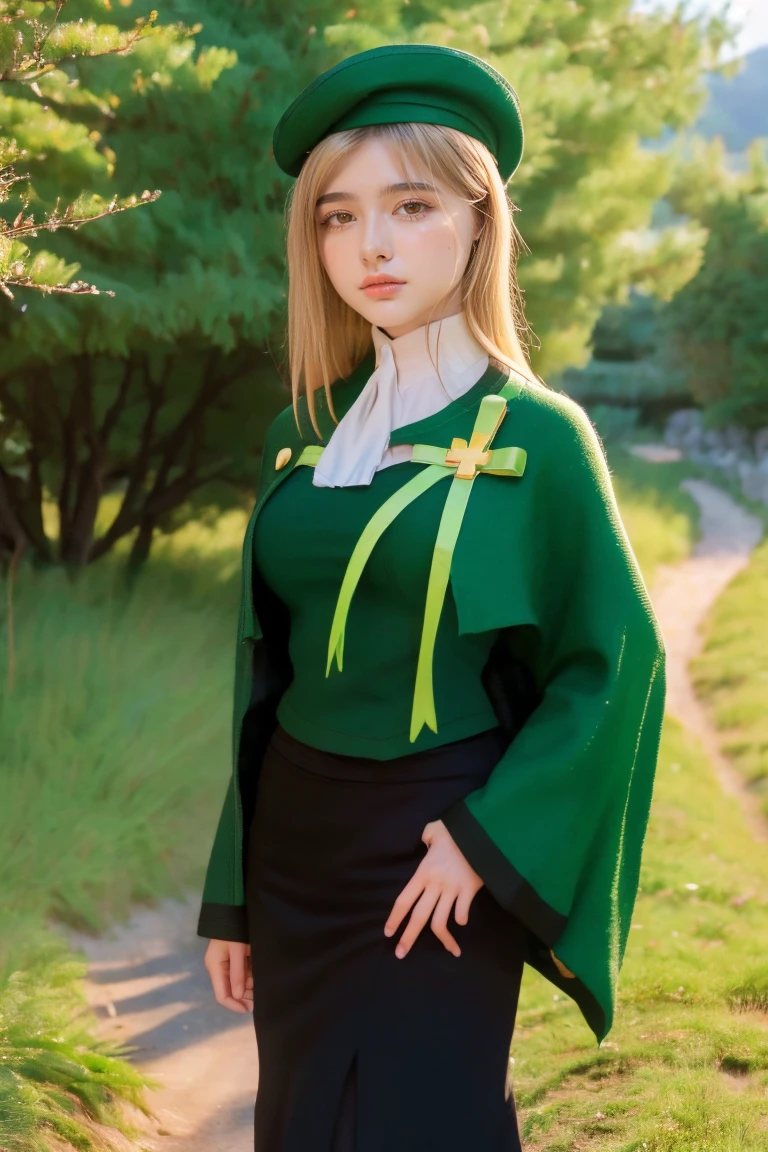 1 girl, best quality, ((Miyo)), tarankaaa, NOT Dasha Taran, Takano Miyo after Sotsu redemption, perfect face, beautiful smile, 30 years old, ((ascot, uniform, black skirt, cross, ribbon, gold blonde hair, emerald, beret, cape, pantyhose, her shirt cover hips)), ((perfectly drawn hands)), perfect body, bare tree, bush, fog, forest, grass, nature, outdoors, plant, scenery, solo, standing, tree, 32k photograph, ((perfect eyes, detailed eyes,realistic eyes)), ((sharp face, detailed face, realistic face, natural skin, realistic skin, detailed skin, pores)), full body, tone mapping, asian-european, ((masterpiece)), ((highres)), ((detailed background)), japanese village background, night, big proportions,