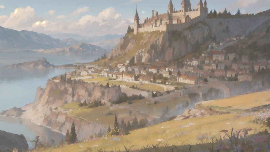 background material, antique, high quality, view from a castle wall looking towards a village in the distance, dried grass, close up ground level, medieval fantasy, muted colors, 