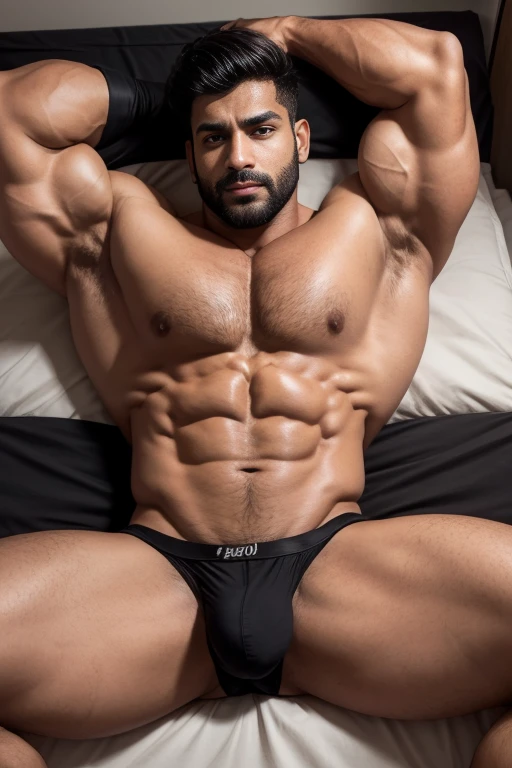 30 years old Desi mascular jaat with tattoos on biceps huge wide muscular shoulders, wide chest, abs, masculine wide triceps, arms, biceps, big masculine legs, wide thighs, calfs, black-haired, hair falls on your face, Mesmerizing brown eyes, red underwear, laying on bed with spread legs in bedroom