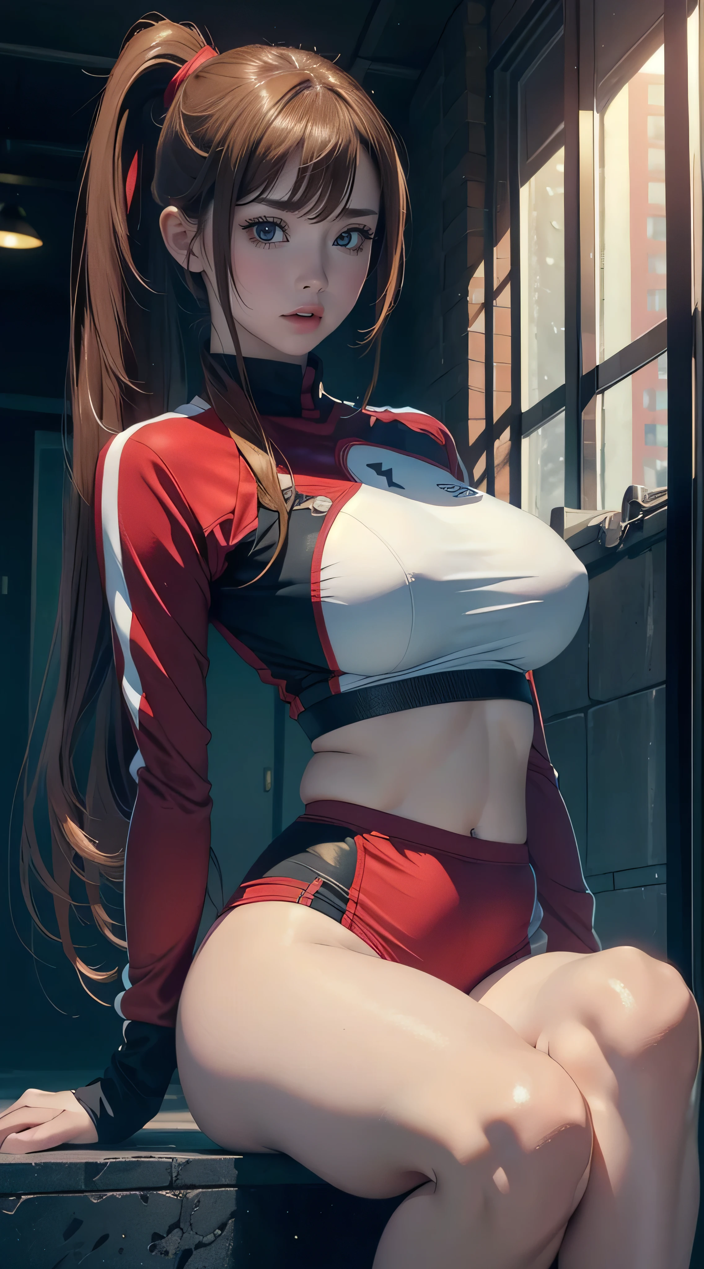 stretching,(Cinematic scene,Fantasy Art,Highest image quality,hyperrealistic portrait,(8K),Ultra-realistic,Best Quality,High quality,High Definition,high quality texture,high detailing,Beautiful detailed,fine detailed,extremely details CG,Detailed texture,realistic representation of face,masutepiece,presence,Dynamic,Bold),1gir,Ultra detailed skin,Curve,,Beautiful breasts,Large breasts,pale skin,pointed breast,Erect nipples,ponytail,(Ultra Thin hair),(Ultra Soft hair),(ultra straight hair),Swept long bangs,very light coppery amber hair,Hair over one eye,gym uniform