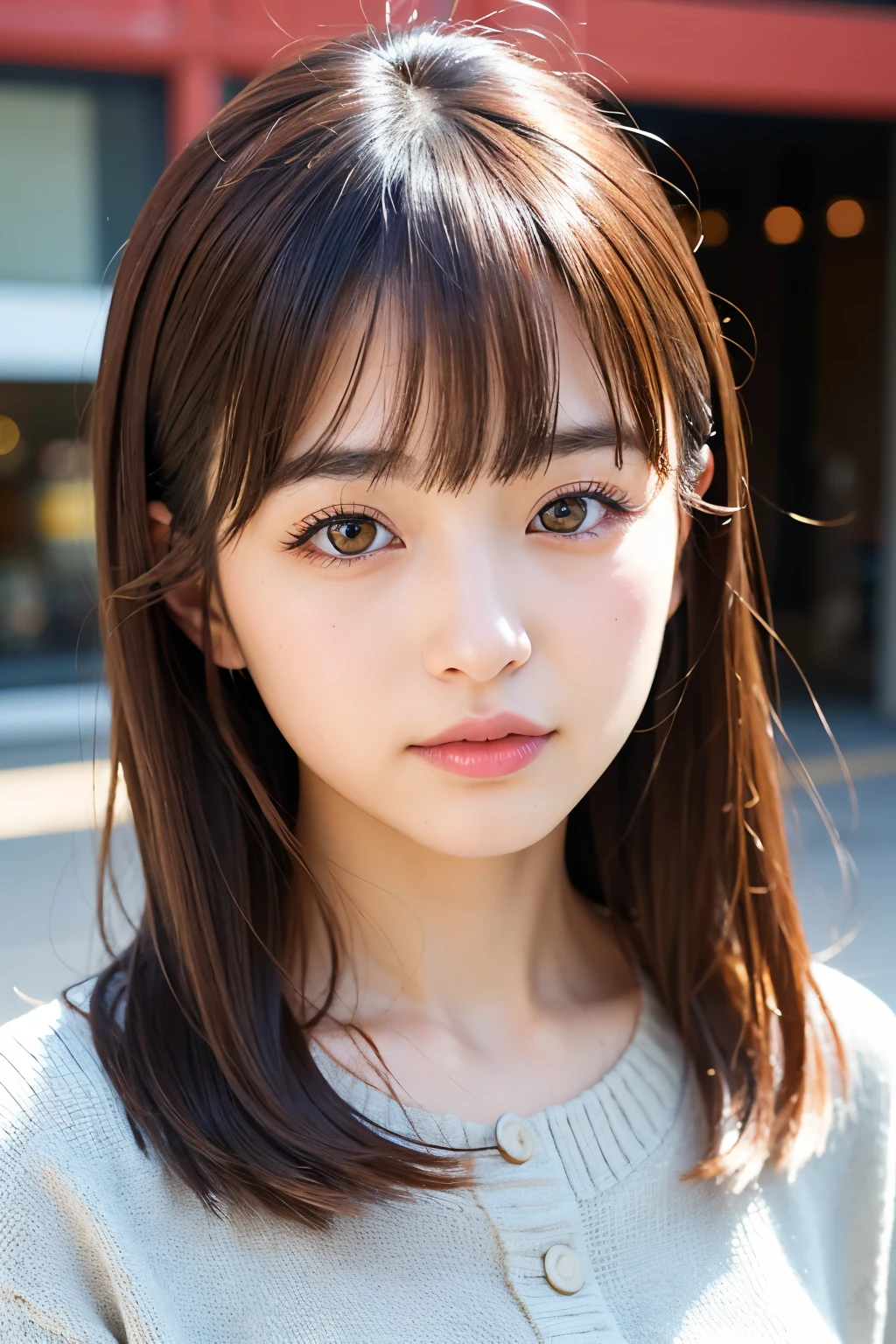 A Japanese girl with brown hair, slightly youthful appearance, 24 years old, with a mature expression, sensual lips, an approachable presence, with bangs, wide eyes, and a natural demeanor.