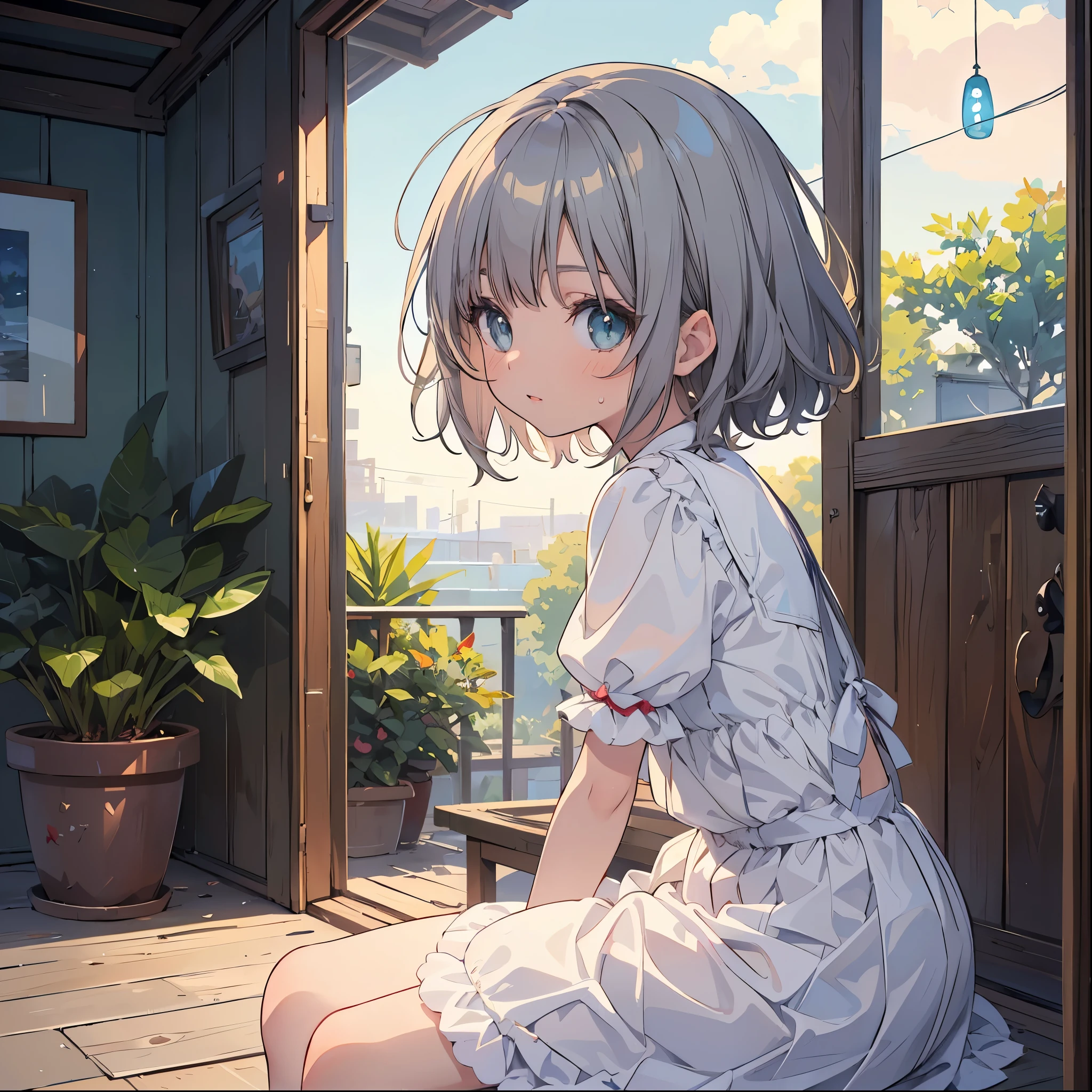 (masterpiece:1.2), (Highest quality:1.2), Ultra-high resolution, Very detailed, Perfect lighting, ((Anime girl sitting in front of a fan)), Close ~ eyes,Mouth wide open,Sweat, happy,Surreal Girl, (Lolita,boyish , 13 years old:1.3),The charm of androgyny, (Gray Hair),Fine and beautiful eyes, Well-proportioned iris and pupil, Expressive eyes, Beautiful and detailed lips, High resolution detailed hair, Summer clothes,Veranda,wind chimes,Midsummer, From the side,Gweiz-style artwork, Makoto Shinkai&#39;Art Style, Portrait of Rofi, Digital anime art, Makoto Shinkai style, LOFI Girl, Anime style illustrations, ロフィArt Style, Anime illustration