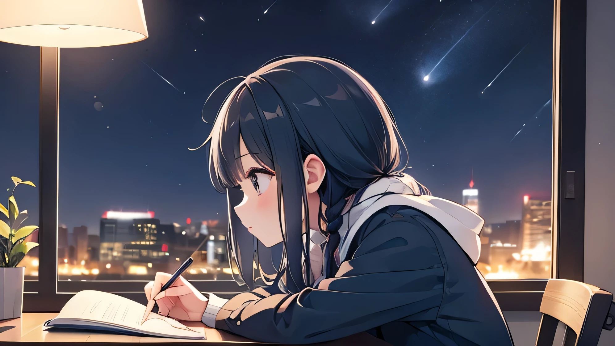 Girl studying, Night Sky, profile