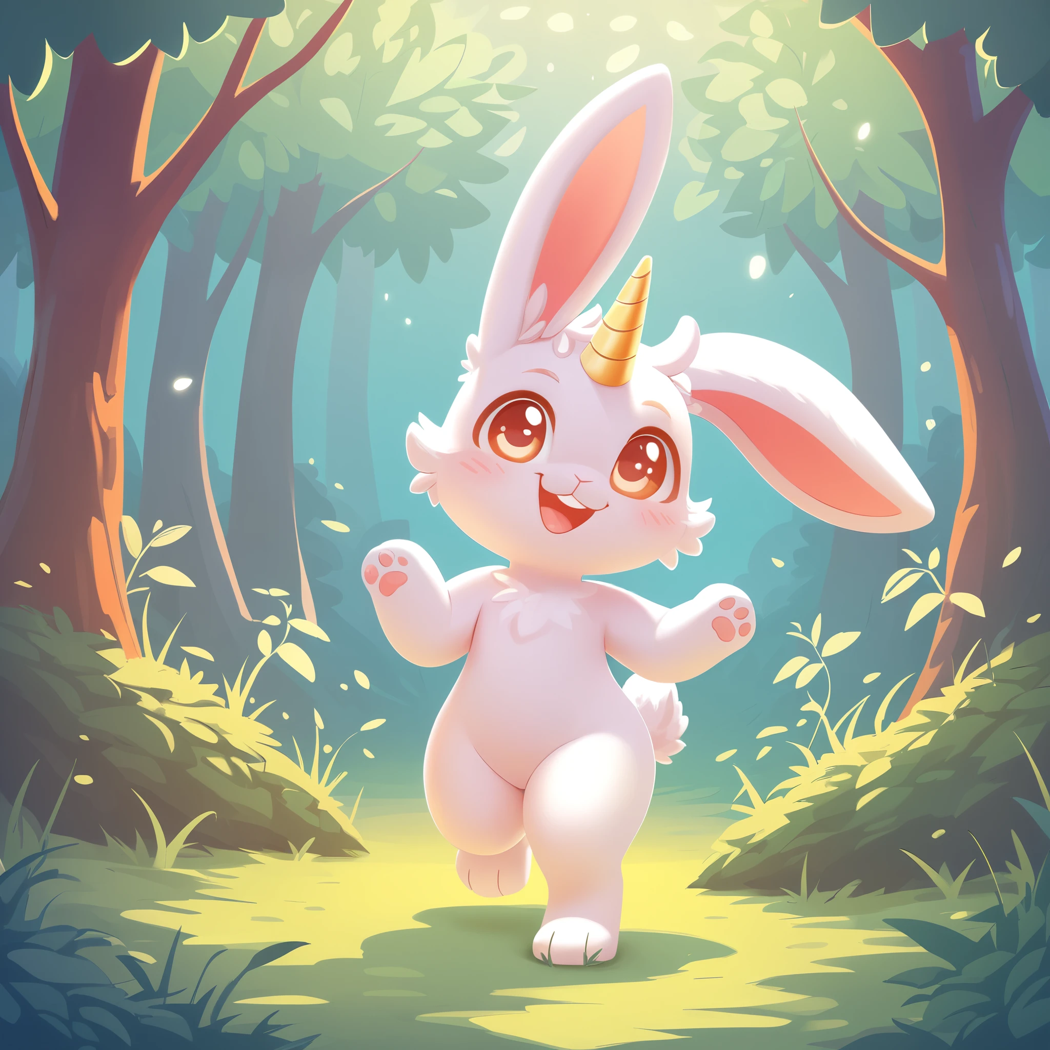 Little rabbit walking in the forest，It has a unicorn horn，There are antlers behind the ears，Very happy expression，Can be cute