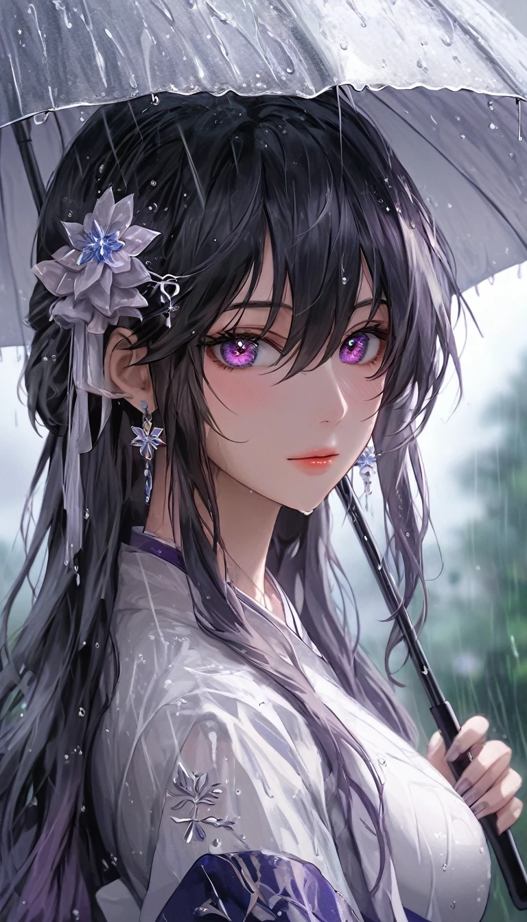 hydrangea、umbrella、Gal、ice、Particles that glow throughout、Dimly、rain、Fisheye Lens:1.2、depth、far and near method
