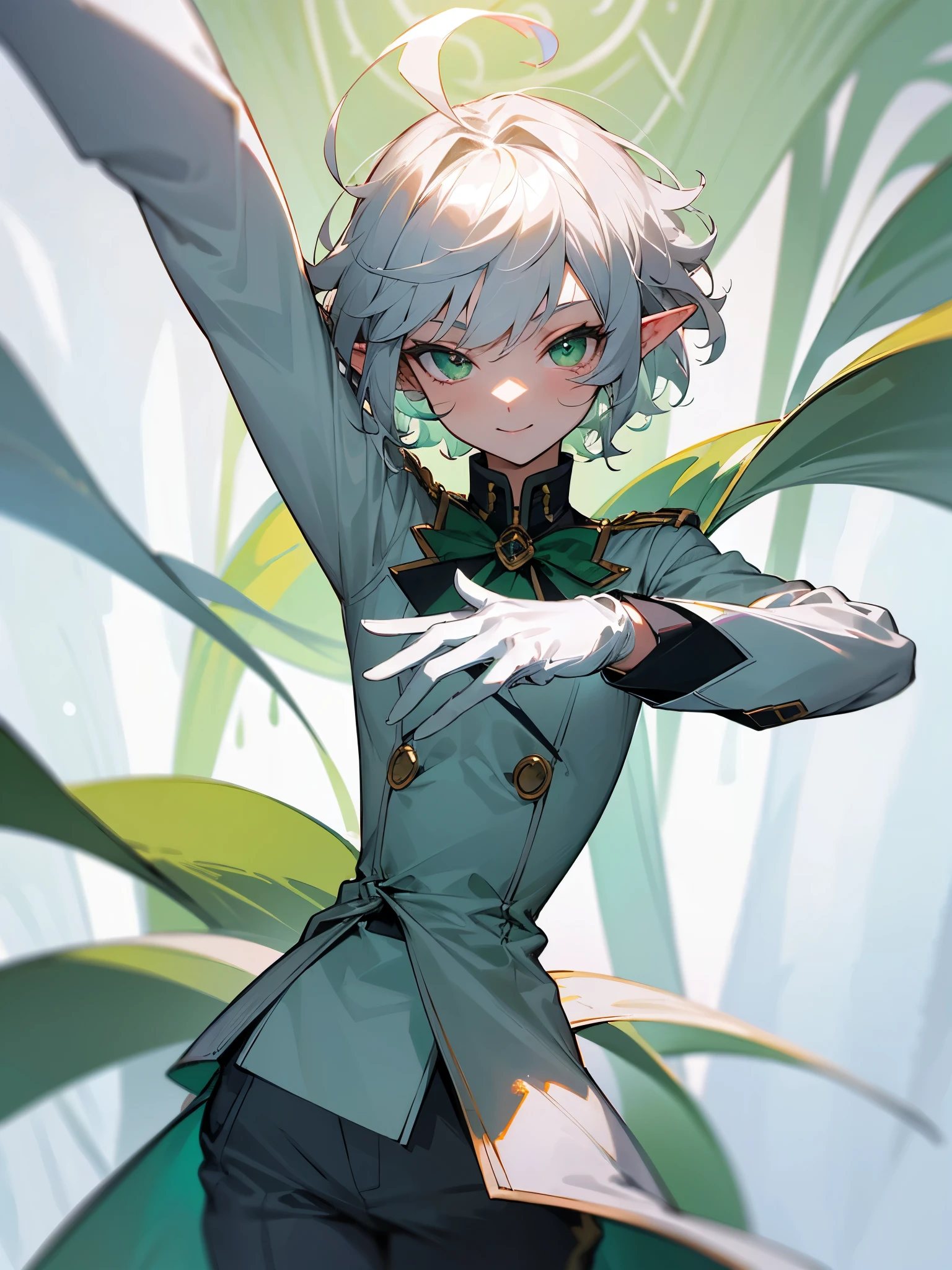 Elf, silver hair,short hair, medium cut, ahoge, curly hair,green eyes,slender, fair skin, cool Smile , White gloves, long boots, pants, tailcoat, Dance party, upper body, looking at viewer, inside, mansion