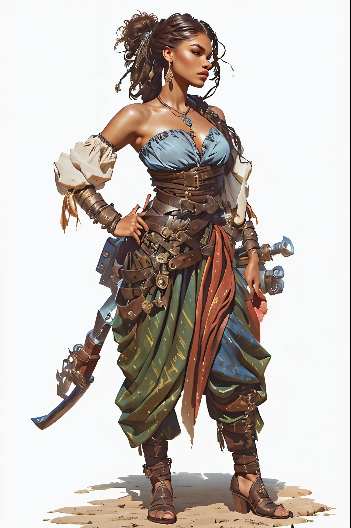 a woman based on Zendaya in a pirate outfit, pirate woman, swashbuckler class pirate, fantasy d&d character, rpg character art, rpg concept art character, epic exquisite character art, detailed facial features, detailed eyes, detailed lips, detailed face, long eyelashes, intricate pirate outfit, jewelry, accessories, dramatic lighting, cinematic framing, vibrant colors, highly detailed, masterpiece, 8k, photorealistic, digital painting, concept art