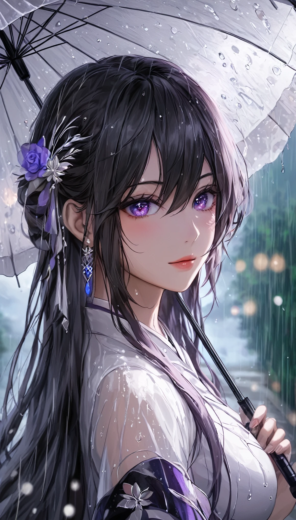 hydrangea、umbrella、Gal、ice、Particles that glow throughout、Dimly、rain、Fisheye Lens:1.2、depth、far and near method