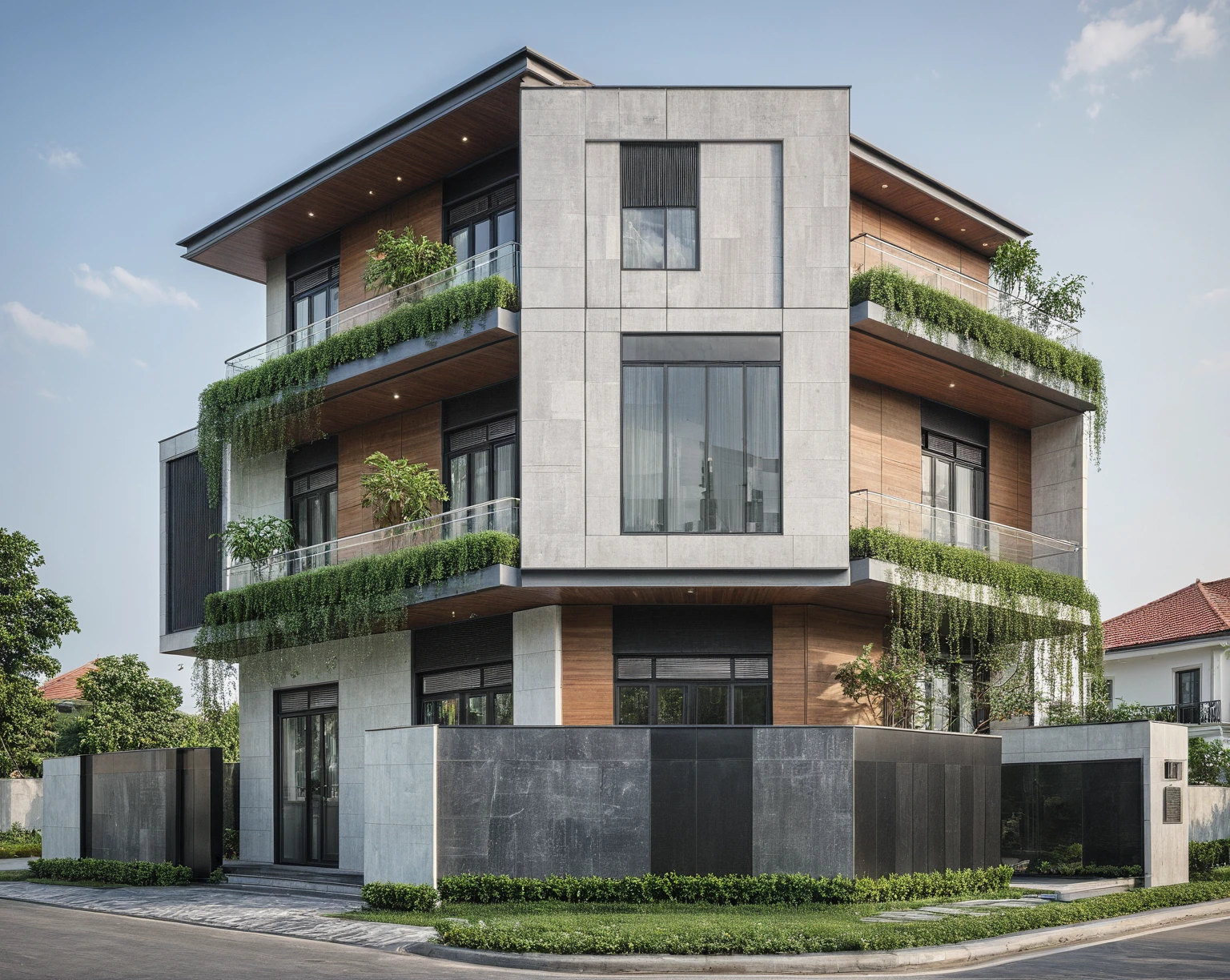 a rendering of a modern building with a balcony and a balcony, exterior design, residential design, concept house, inter dimensional villa, front elevation view, modern lush condo as shopfront, architectural concept, complete house, mid-view, frontview, elevation view, contemporary house, overall architectural design, comprehensive 2 d render, residential, front-view, modern architecture design, realistic material